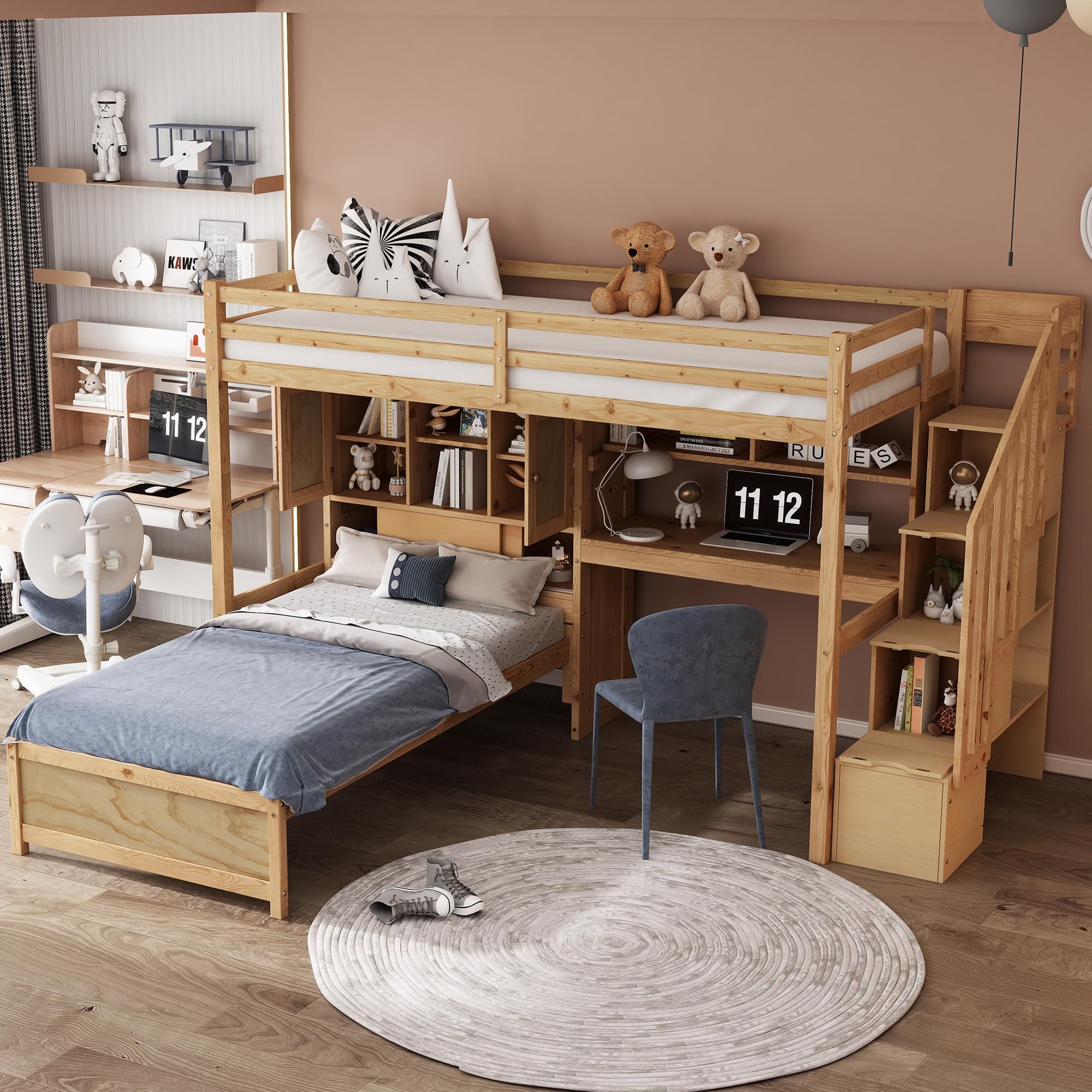 Wood Bunk Bed Twin Over Twin Size with Built-in Desk and Staircase, Loft Bed & L-Shape Platform Bed with Storage Compartments and Shelves for Kids Teens Adults, Space-Saving (Natural-10.9)