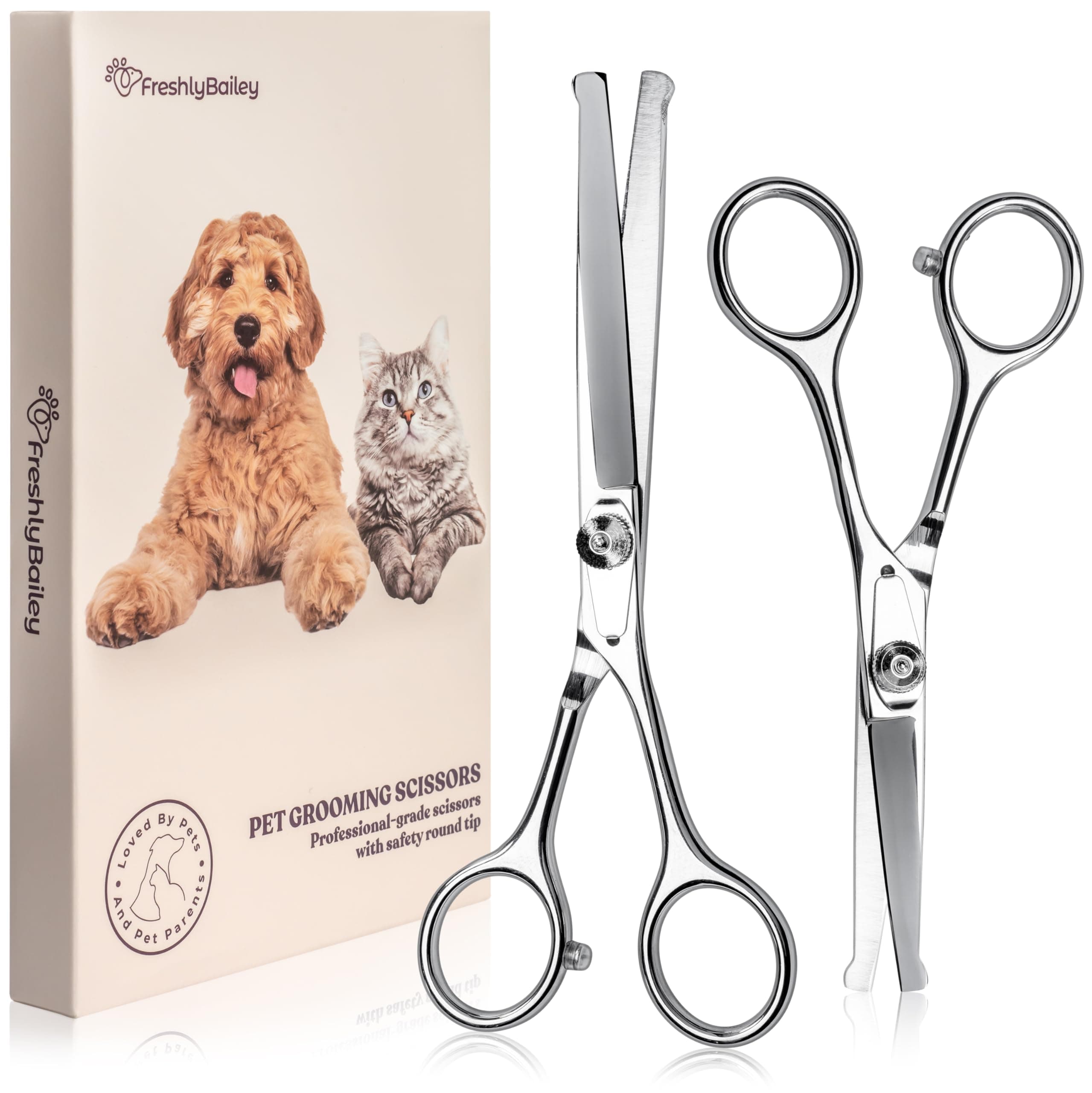 Freshly Bailey Pet Grooming Scissors Set With Round Tips For Dogs & Cats - Professional Grade Shears Safely Cut Through Dog or Cat Hair - Fur Trimming Made Easy - (Set of 2)Q