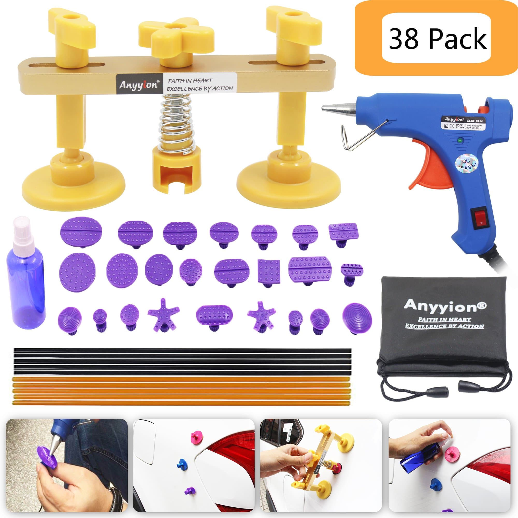 Anyyion Paintless Dent Repair Tools Kit 38Pcs PDR Tool Pops a dent Bridge Dent Puller Kits with 24pcs Glue Tabs 20W Hot Melt Glue Gun Glue Sticks for Car Body Dent Repair (38 Pcs)