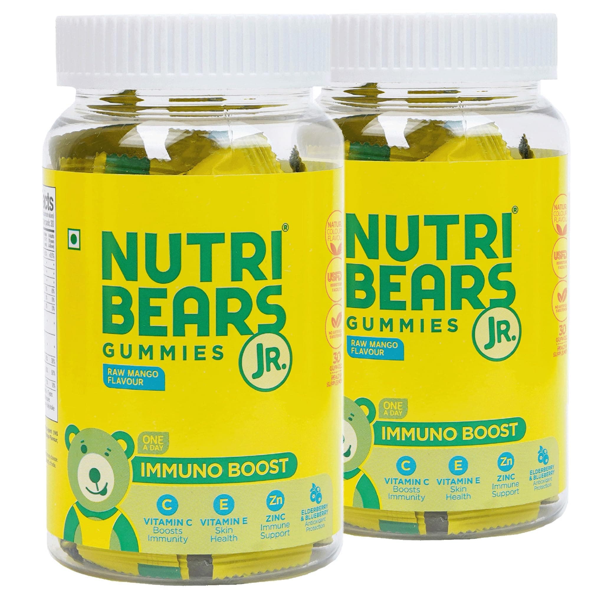 NutriBears Immuno Boost with Vitamin C, E, Zinc, Natural Elderberry & Blueberry, Advanced Antioxidants, Immunity Gummies for Kids and Adults (60 Gummy, Raw Mango Flavour)
