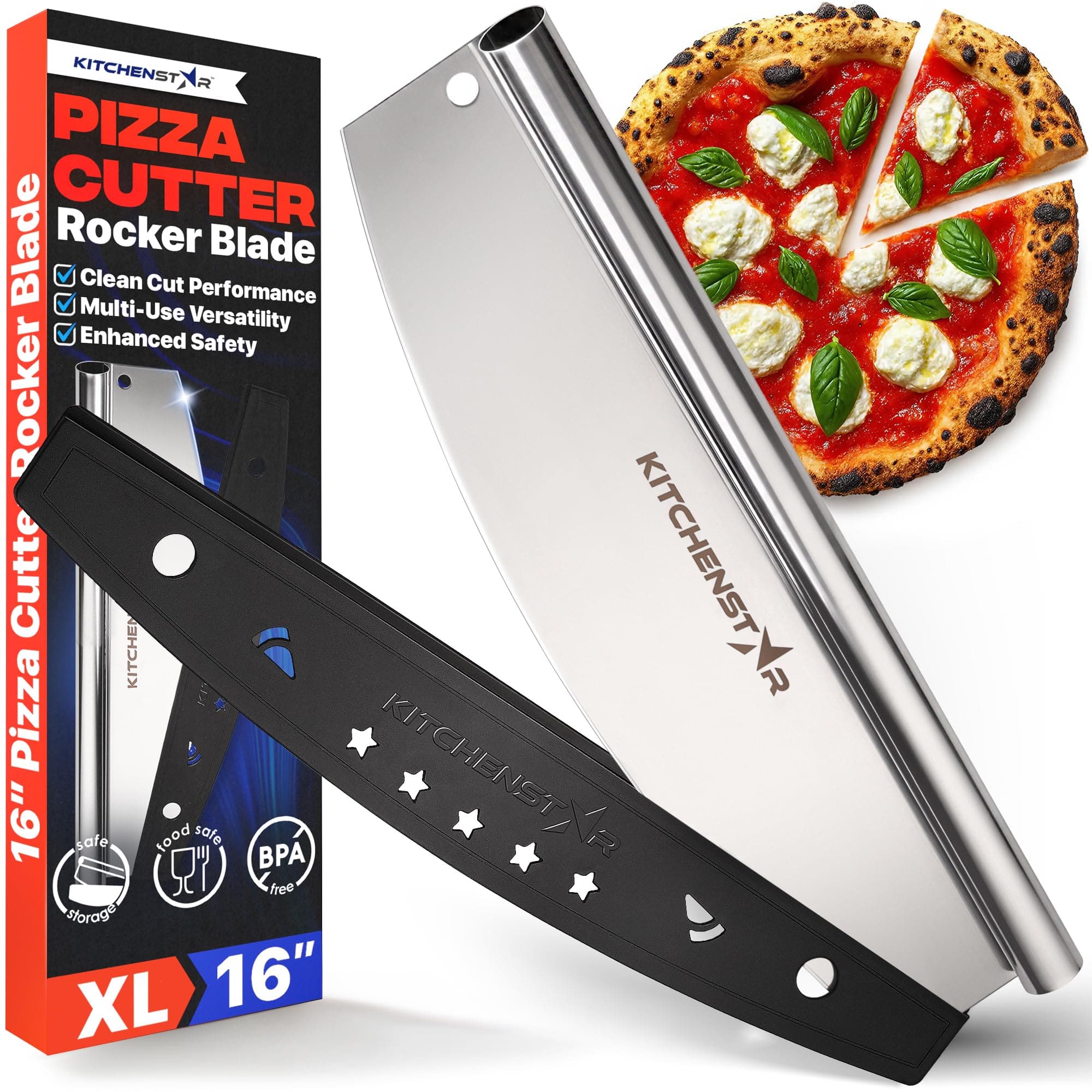16-Inch Pizza Cutter Rocker Blade - Sharp Stainless Steel Slicer Knife, Protective Cover, Dishwasher Safe, Large - Professional Pizza Oven Accessories