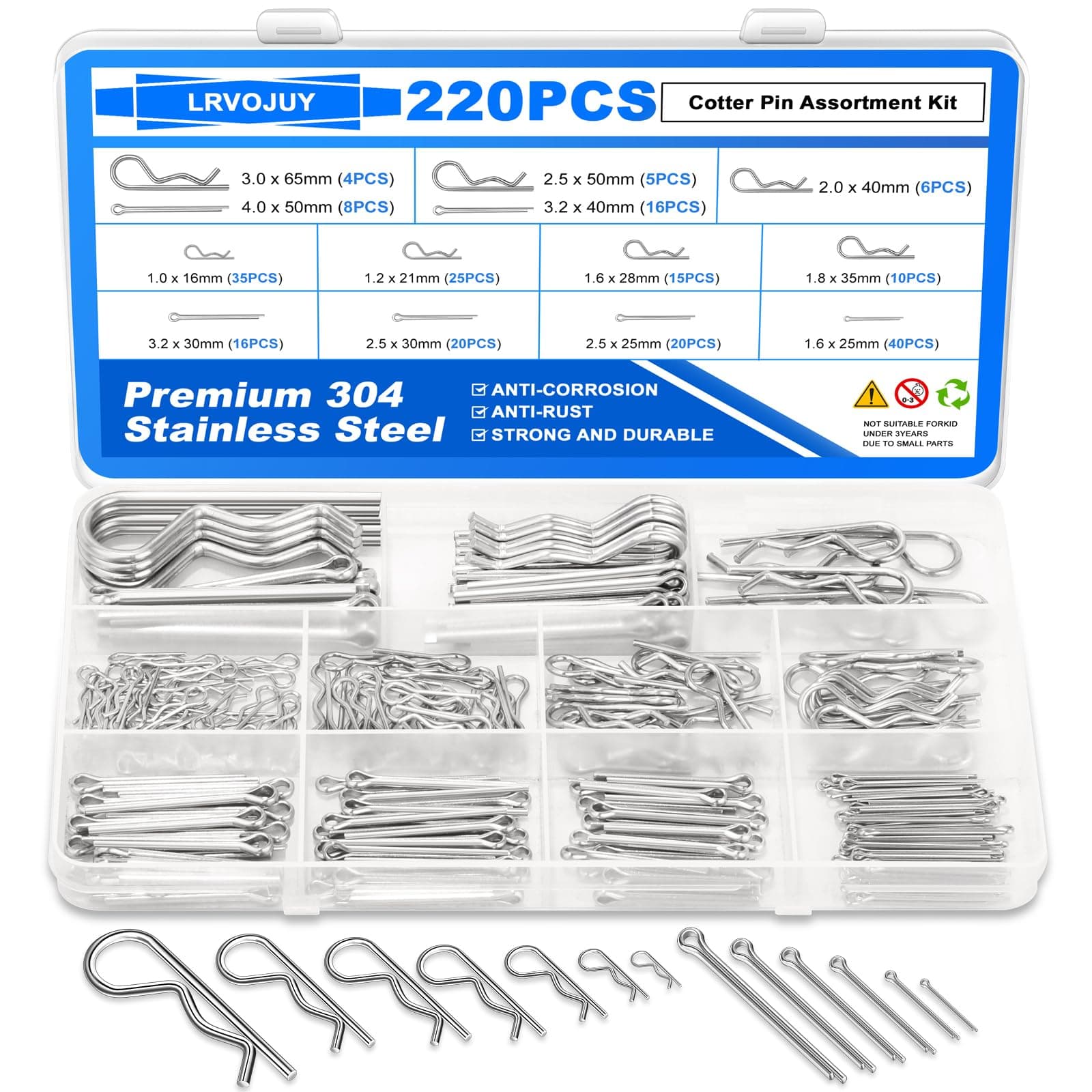 - Cotter Pin Assortment Kit, 220PCS Cotter Pins 13 Sizes Premium 304 Stainless Steel Heavy Duty R Clips & Hairpin Split Pin Set, Hardware Pins for Automotive, Trailer, Pin Lock System