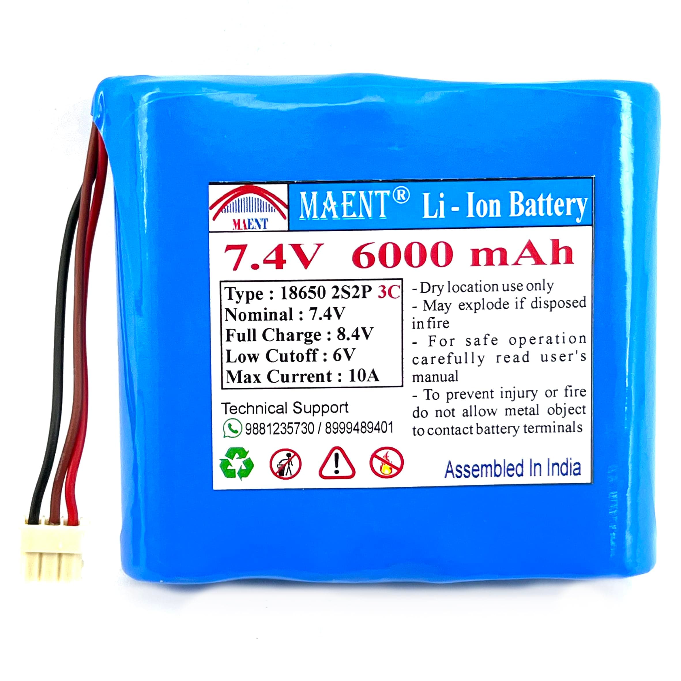 MAENT® 7.4V 18650 Lithium ion Rechargeable Battery 2S2P 2 Wire 5264 POS 8.4V for Electronics Toys Lighting Equipment POS Swipe Machine - 3C Rated (3 Pin POS Connector, 6000 mah)