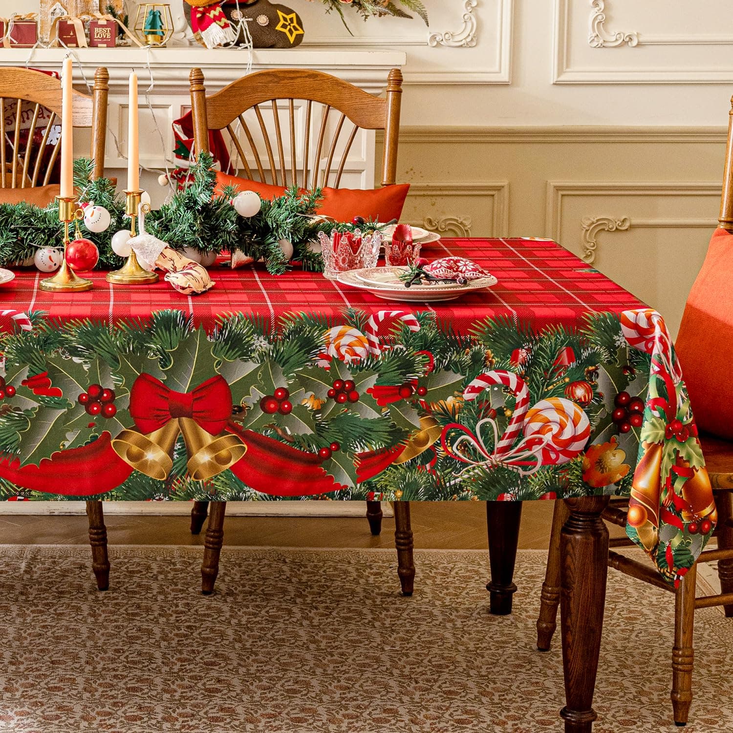 Softalker Christmas Rectangle Tablecloth - Red Tartan Checkered Printed Xmas Bell Candy Table Cloths, Washable Polyester Fabric Table Covers for Dining, Parties & Holiday Decor, 60 x 84 Inch