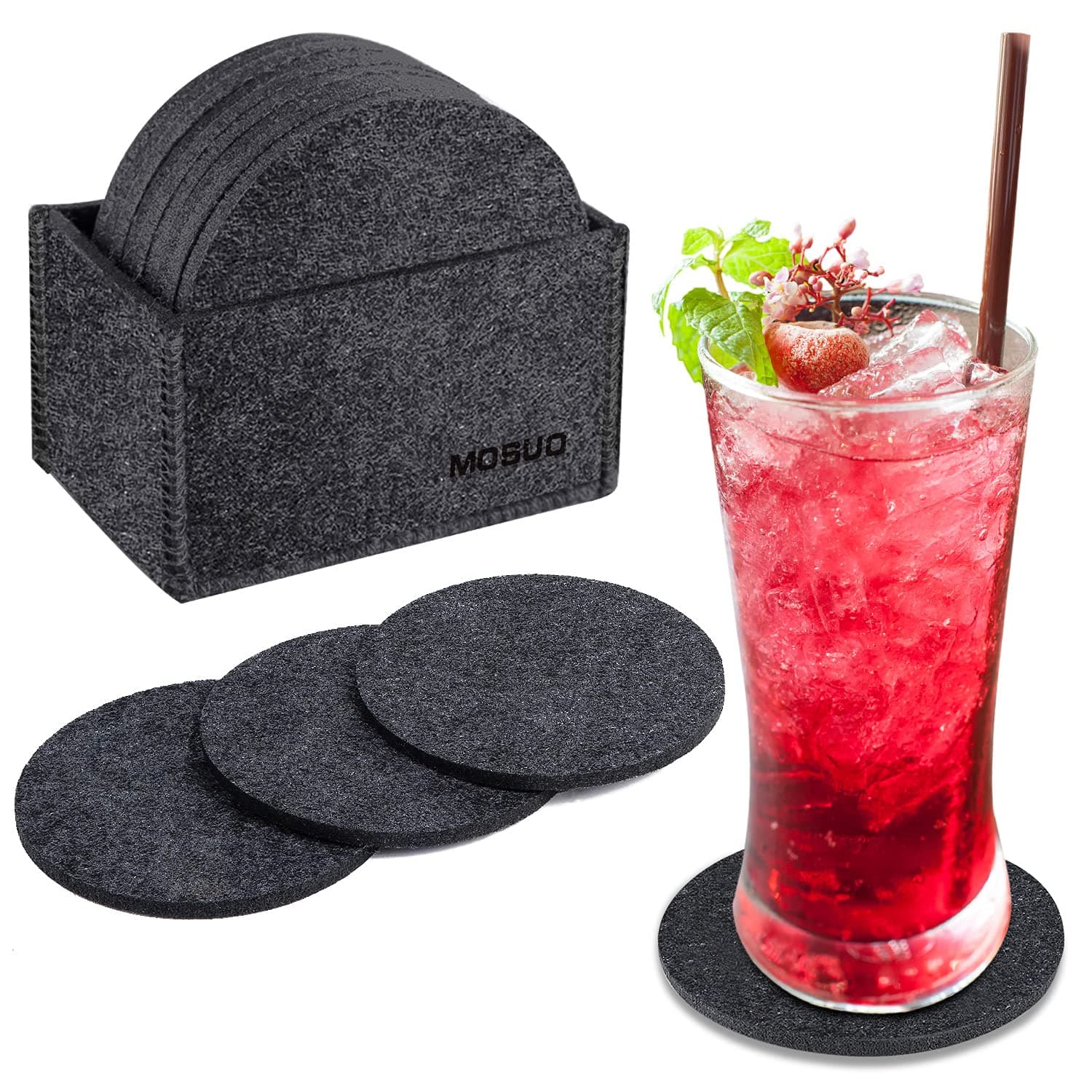 MOSUO Drink Coasters Set of 12, Felt Coasters with Storage Box Cup Mats Coaster Sets, Dark Gray Table Mats Tabletop Protection Coffee Table Non Slip for Beer, Mug,Wine, Glass Bottle