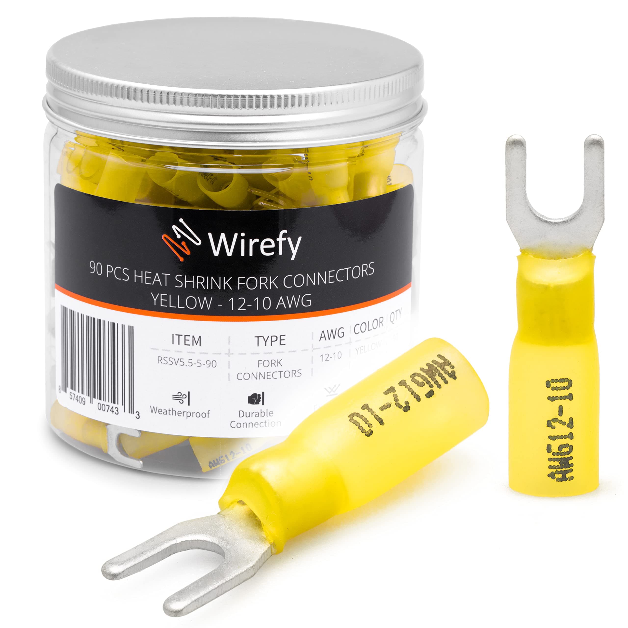 Wirefy 90 PCS Heat Shrink Fork Connectors #10 - Crimp Fork Terminals - Yellow 12-10 Gauge