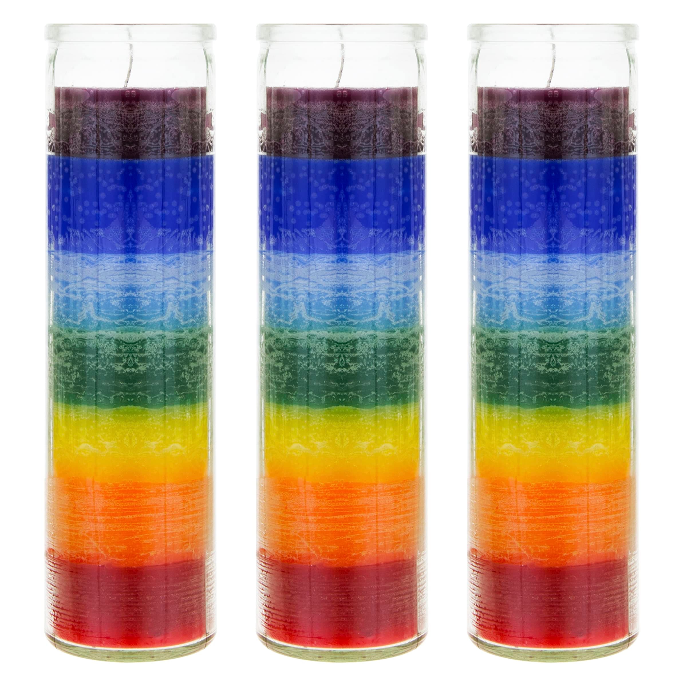 3 pcs Unscented Multi Color Chakra Glass Devotional Prayer Candles, Hand Poured Premium Wax Candle 2 Inch x 8 Inch, Promotes Positive Energy, Aids Meditation, Relaxation, Spiritual