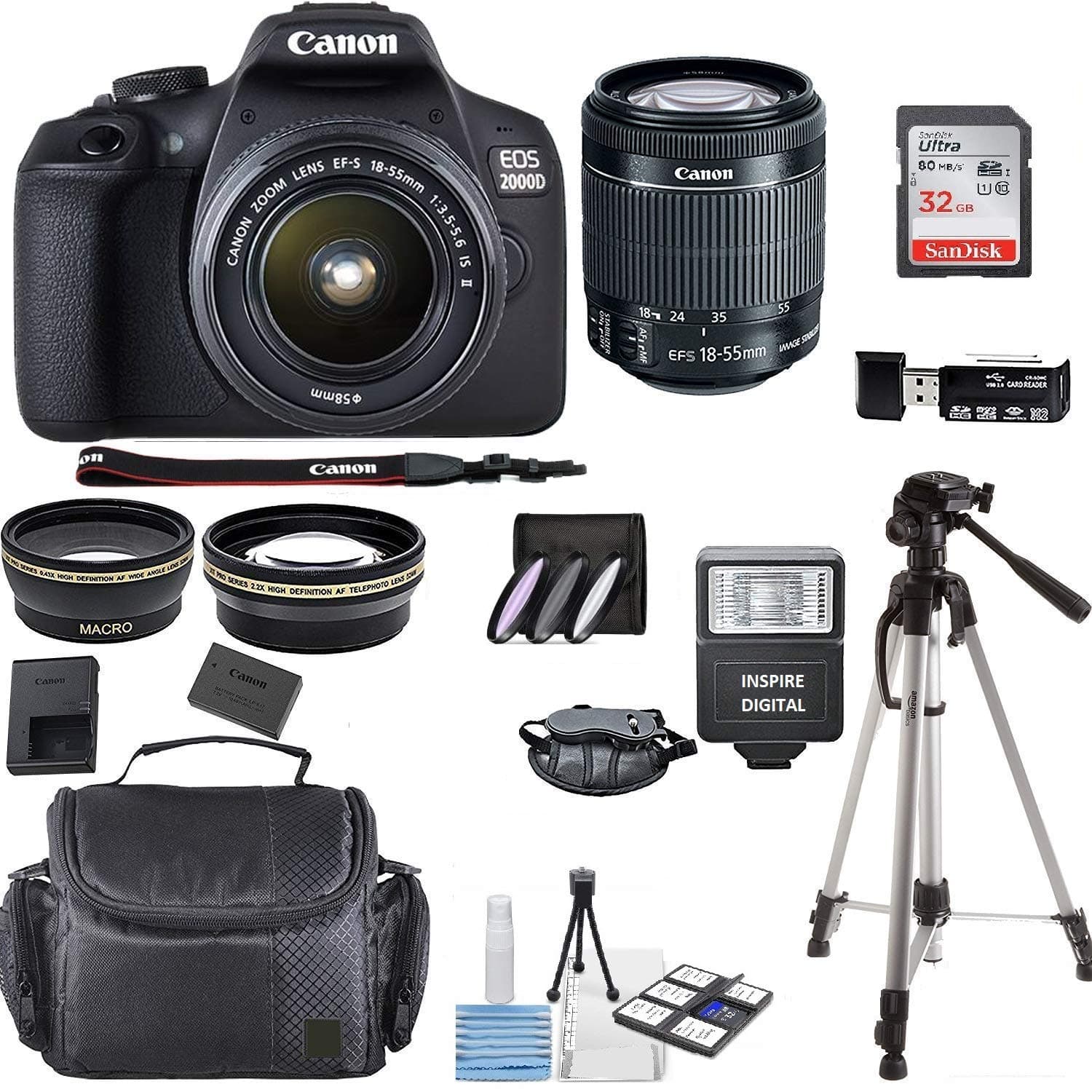 Canon EOS 2000D Rebel T7 Kit with EF-S 18-55mm f/3.5-5.6 III Lens + Accessory Bundle + Inspire Digital Deals Cloth