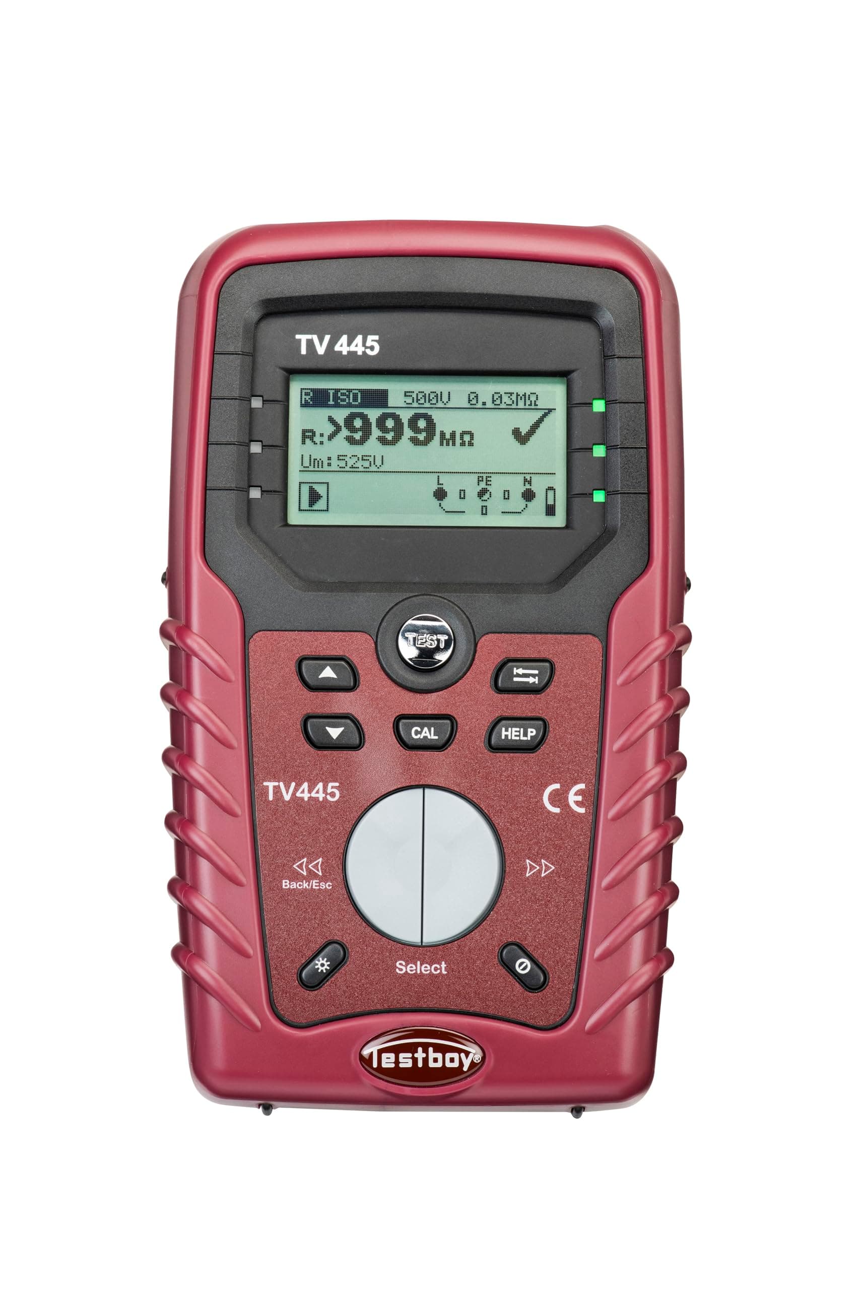 Testboy TV 445 installation tester DIN VDE 0100-600 (specific help screens, LCD with backlight, robust plastic with integrated holding magnet, good/bad statement), red/black