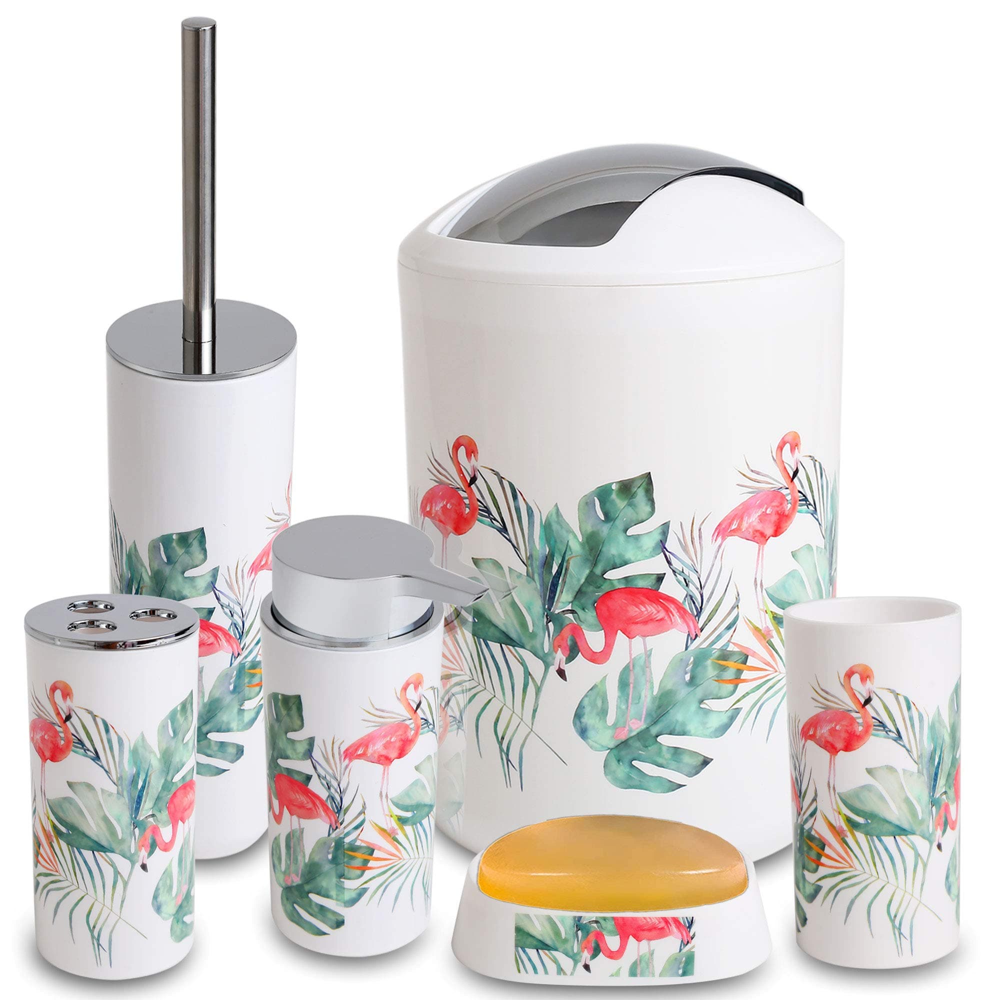 Bathroom Accessories Set (6 Piece) with Trash Can/Bin, Toothbrush Holder, Toilet Cleaner Brush, Liquid Bottle Dispenser, Soap Dish and Tumbler (Flamingo)