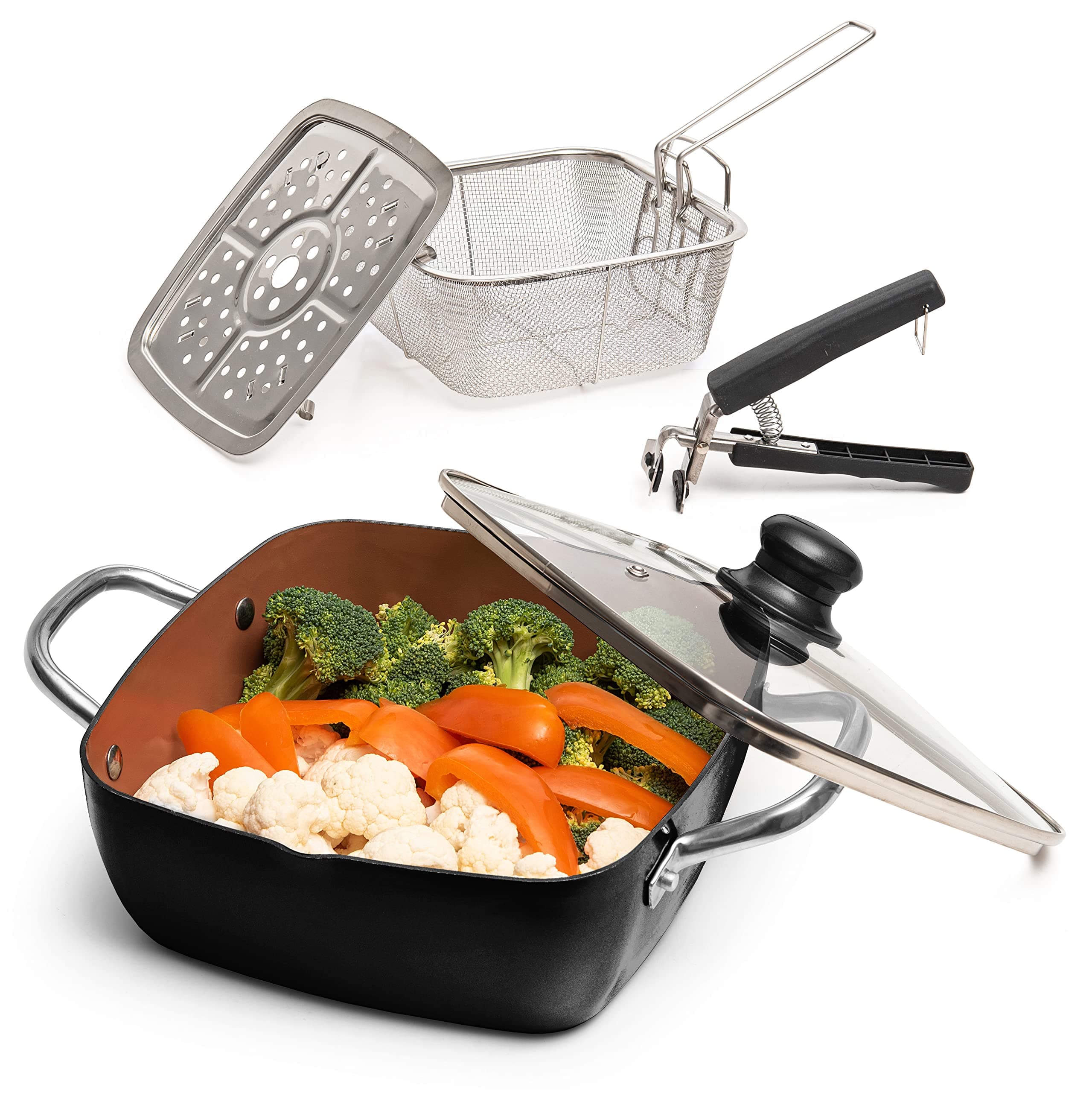 Moss & Stone 5 Pcs Black Copper Chef Cookware Non Stick Deep Frying Pan, Fry Basket, Steamer Rack, Dishwasher & Oven Safe, 5 Qt Deep Square Pan, Induction Copper Cookware Set - 9.5" x 3.5"