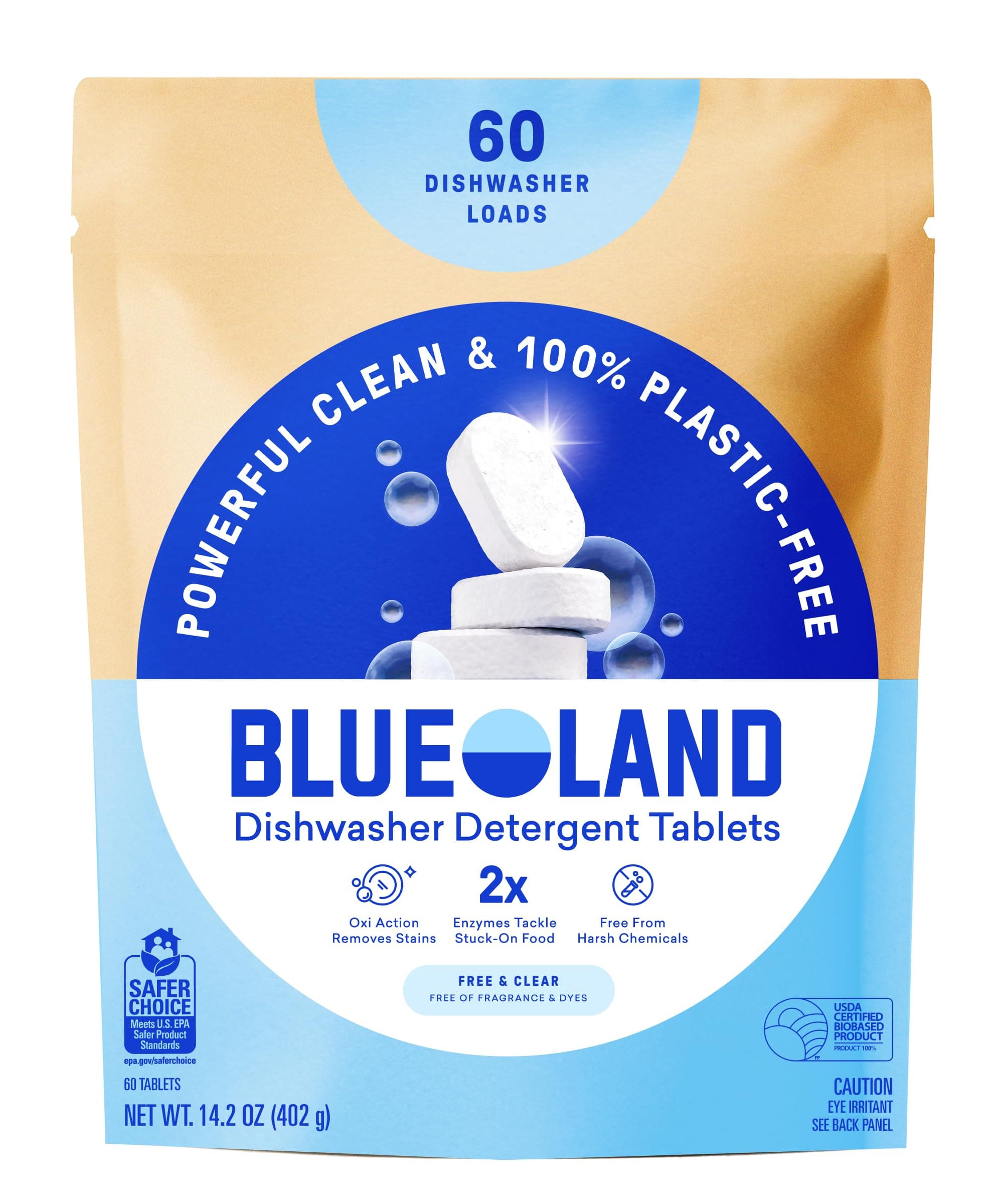 BLUELAND 100% Plastic-Free Dishwasher Detergent Tablets, 60 Count, Free & Clear, Eco-Friendly Dishwashing Pods, Natural, USDA Certified biobased