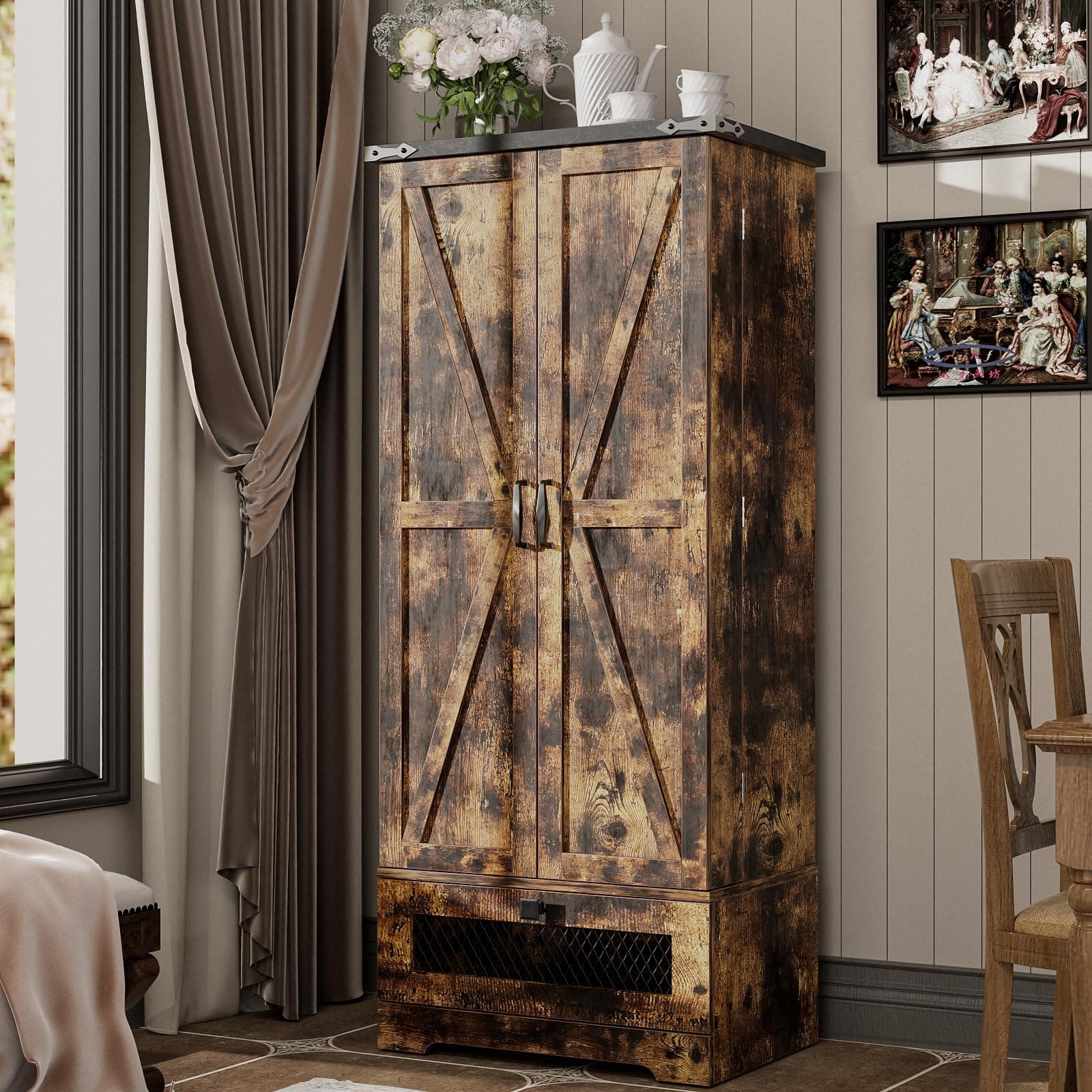 Pantry Cabinet with Adjustable Shelves and Drawer, Kitchen Cabinet Buffet Cupboards Storage for Home Office (Brown, 16" D x 24" W x 55" H)