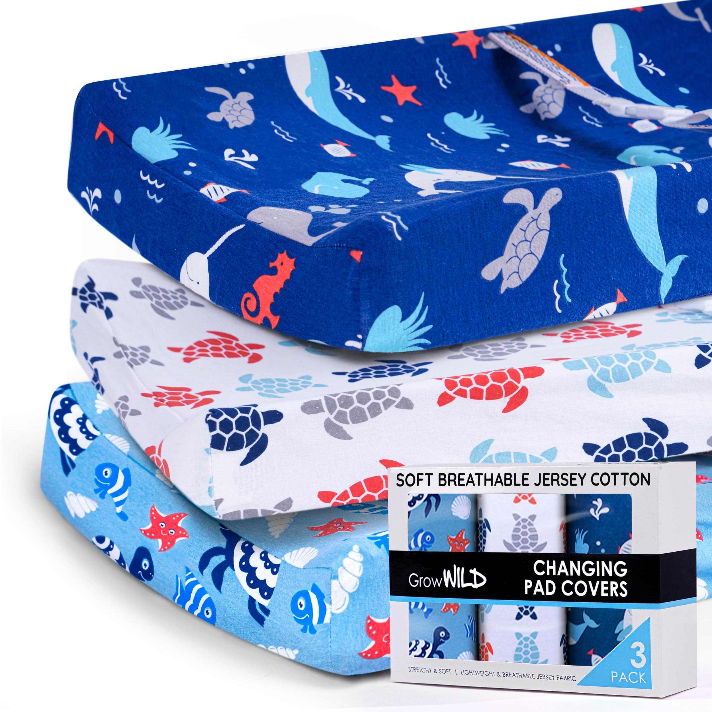 GROW WILD Changing Pad Cover 3 Pack | Soft & Stretchy Jersey Cotton | Baby Changing Table Pad Cover | Diaper Changing Pad Covers for Girls and Boys (Ocean & Under The Sea)