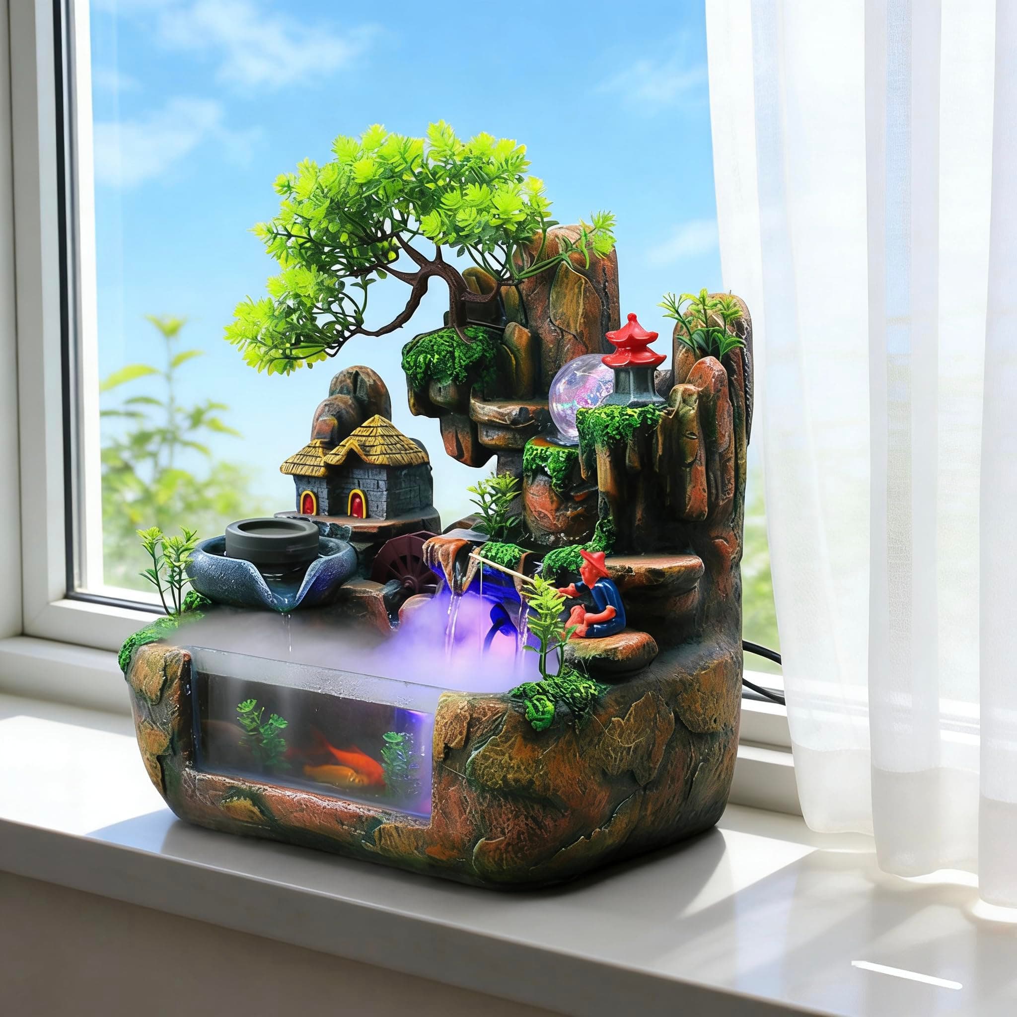 15" LED Desktop Fountain Waterfall Decor, Atomizing Desktop Humidifier w/LED Lights & Atomizer for Office Home Desk Decoration Gift Zen Meditation Resin Rockery Water Fountain Bonsai Bedroom Relax