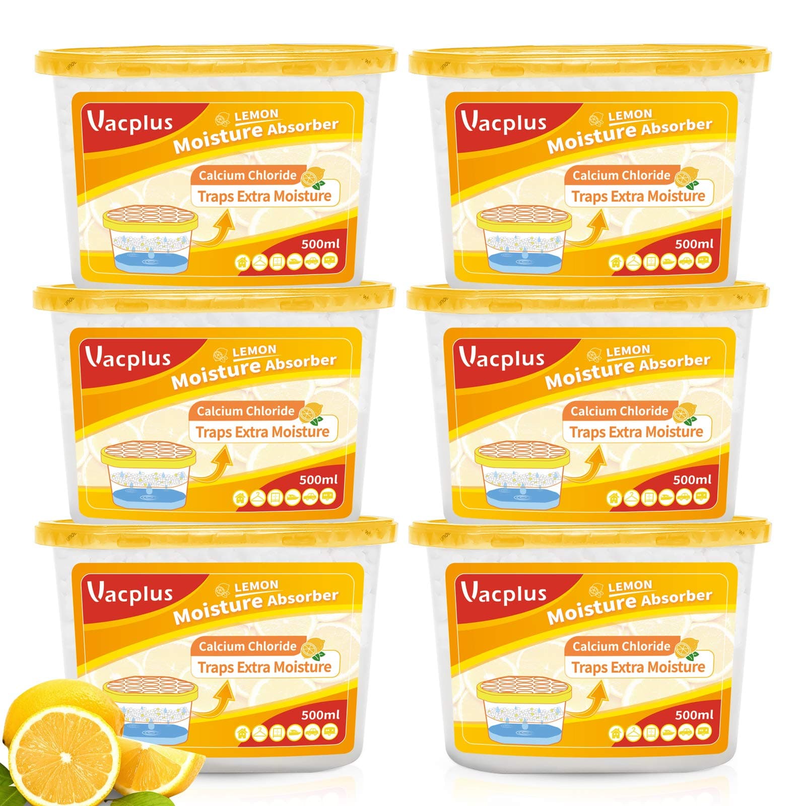 Vacplus Moisture Absorbers 6 pack, 10.5Oz Portable Humidity Absorber Boxes for Your Bathroom, Closet & Car, Dehumidifier and Odor Eliminator with Lemon Fragrance for Fresher Air, Yellow