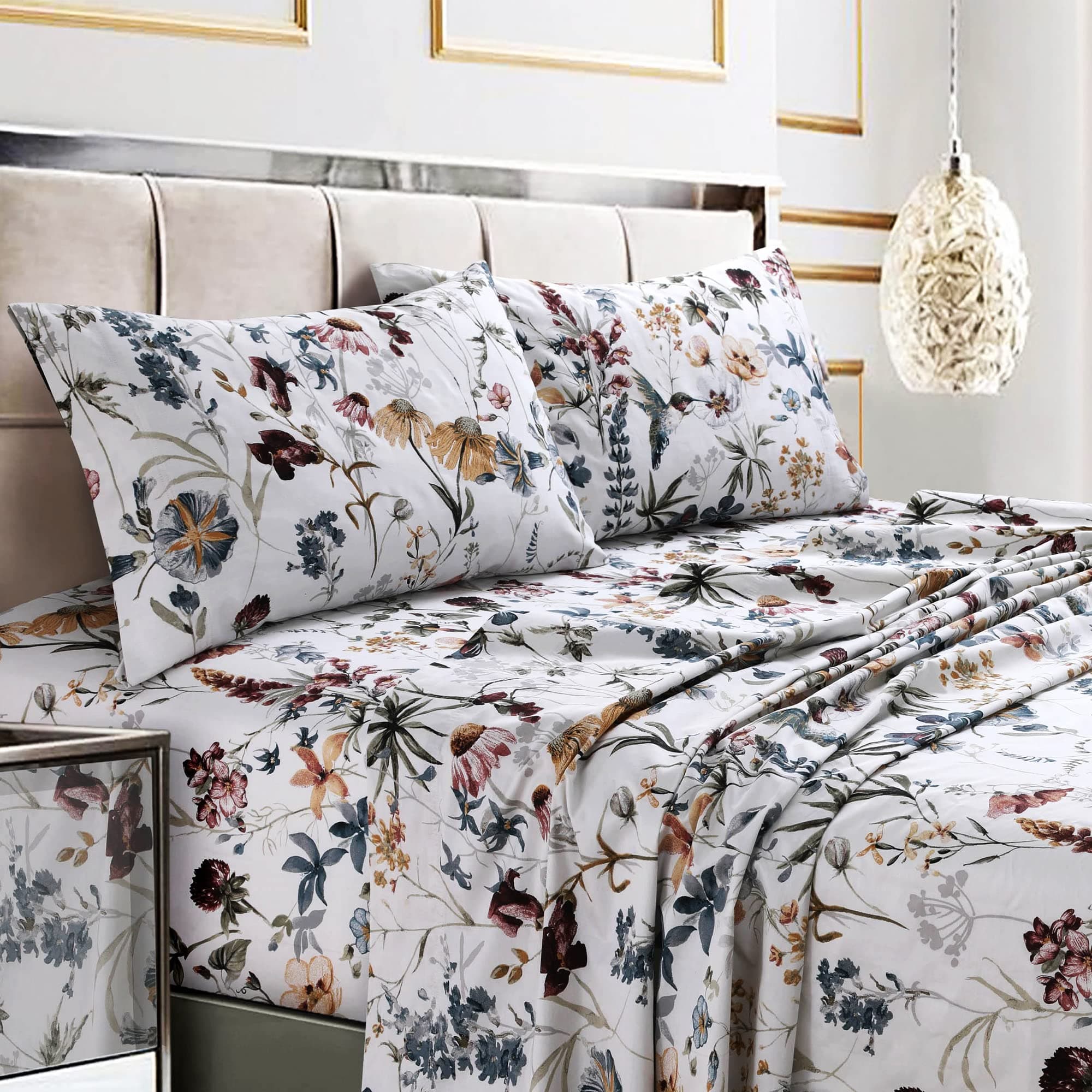Tribeca Living King Bed Sheet Set, 300 Thread Count Soft Cotton Sateen, Floral Print with Extra Deep Pockets, 4-Piece Bedding Set, Amalfi Deep Red/Multi