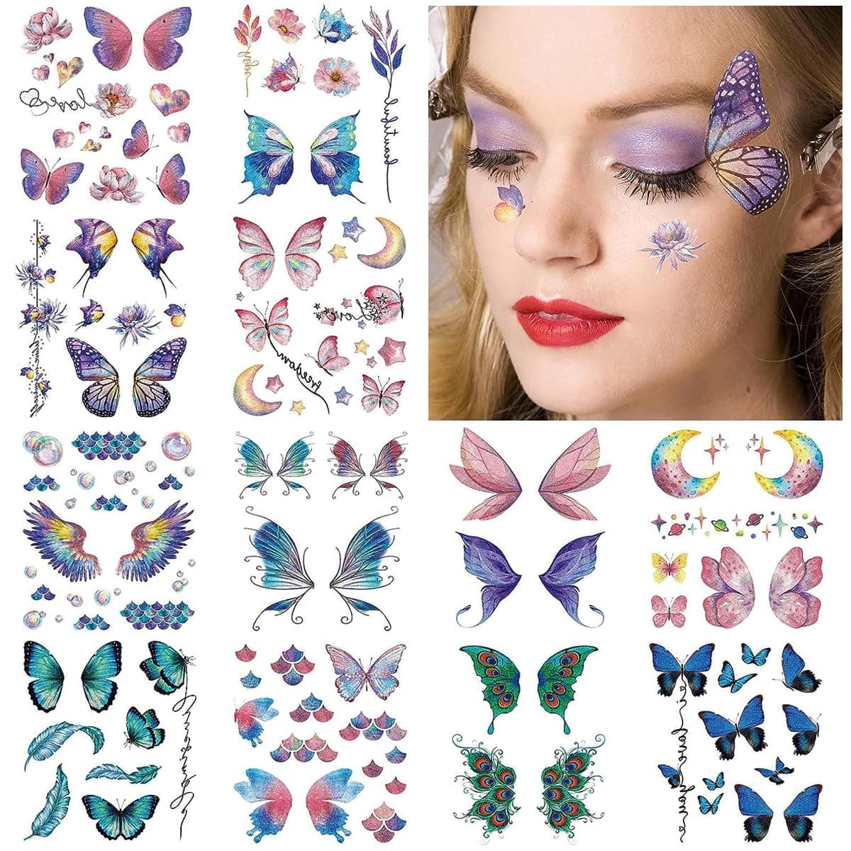 Butterfly Tattoo Sticker 12 Sheets Kit, Face Mehendi Temporary Tattoos for Women Girls, Aesthetic Glitter Fake Tattoo Stickers for Face Arm Body, Freckle Tattoo Art for Rave Party