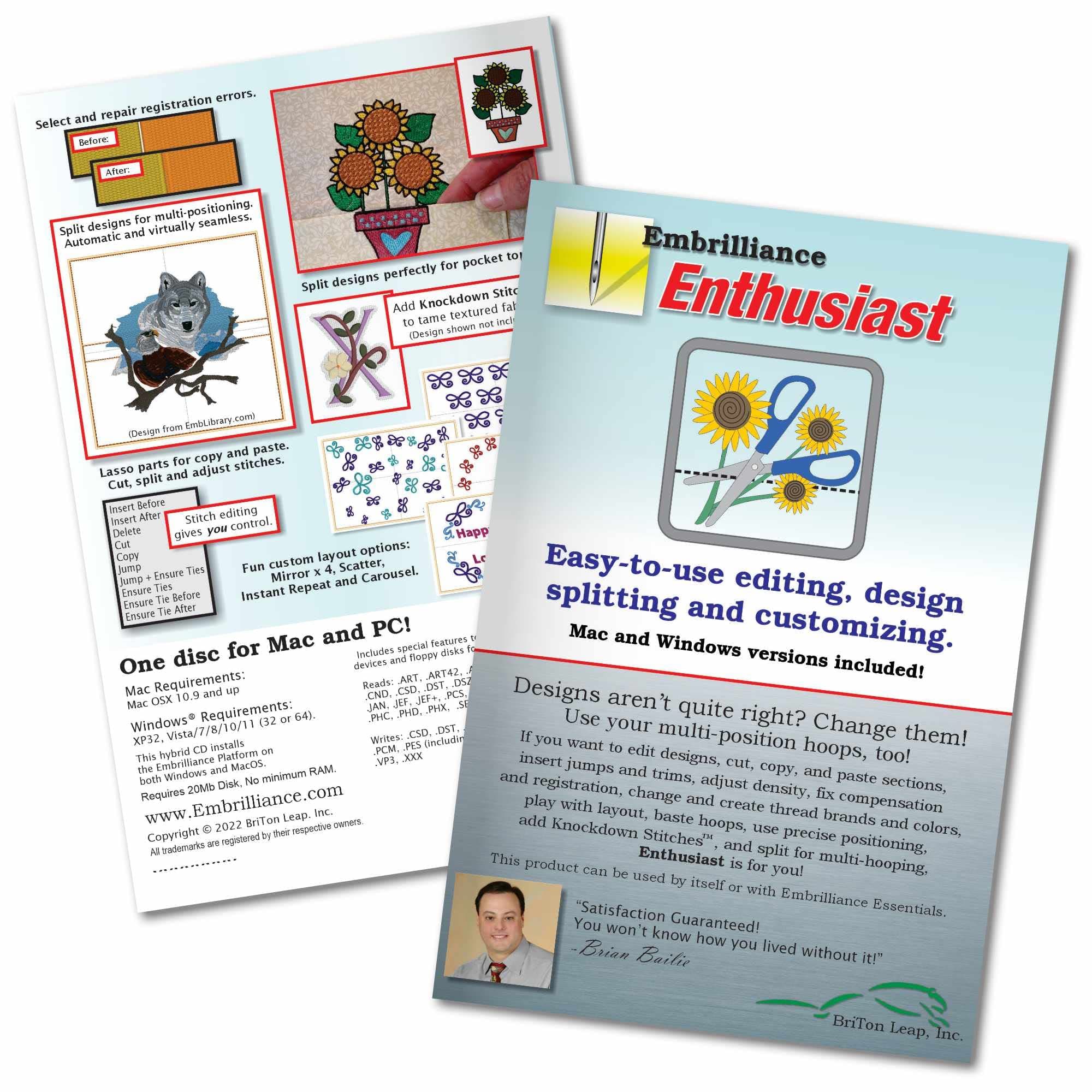 Embrilliance Enthusiast Embroidery Software for Mac & PC