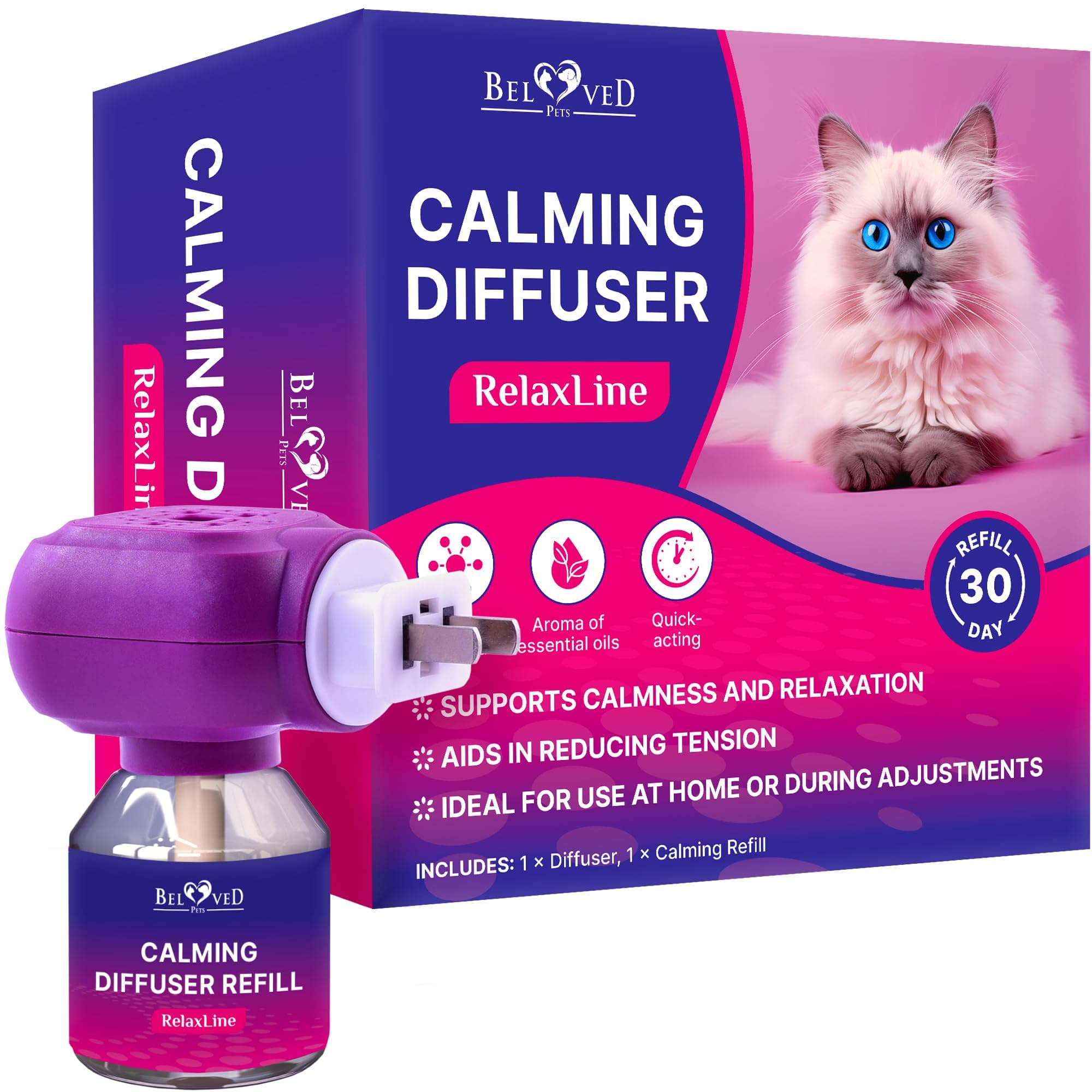 Cat Calming Diffuser & Pet Anti Anxiety Products - Feline Calm Pheromones Plug in & Cats Stress Relief Comfort Helps with Pee, New Zone, Aggression (1 pack (1 Diffuser + 1 Refill))