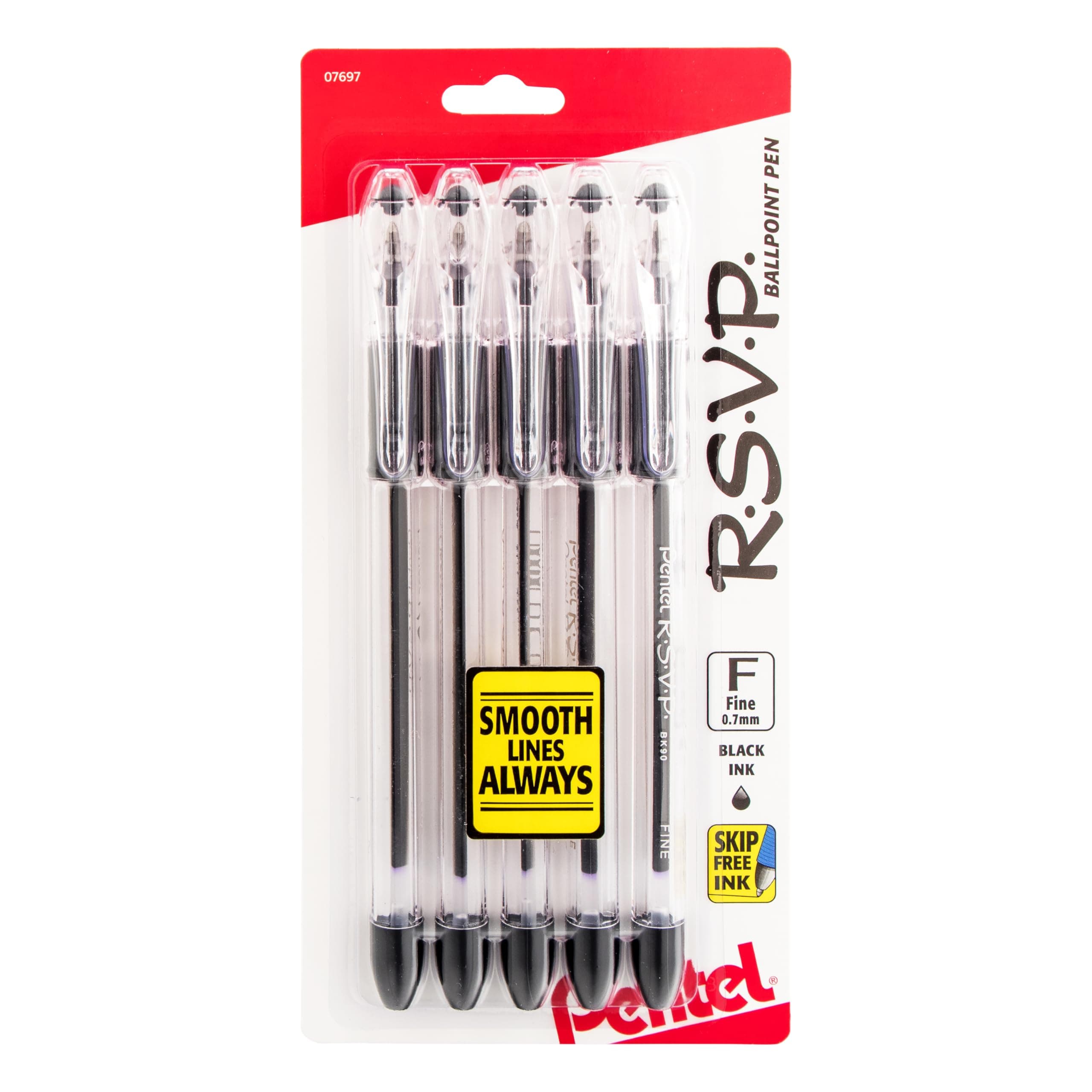 Pentel R.S.V.P. Ballpoint Pen, Fine Point, Black Ink, Pack of 5 (BK90BP5A)
