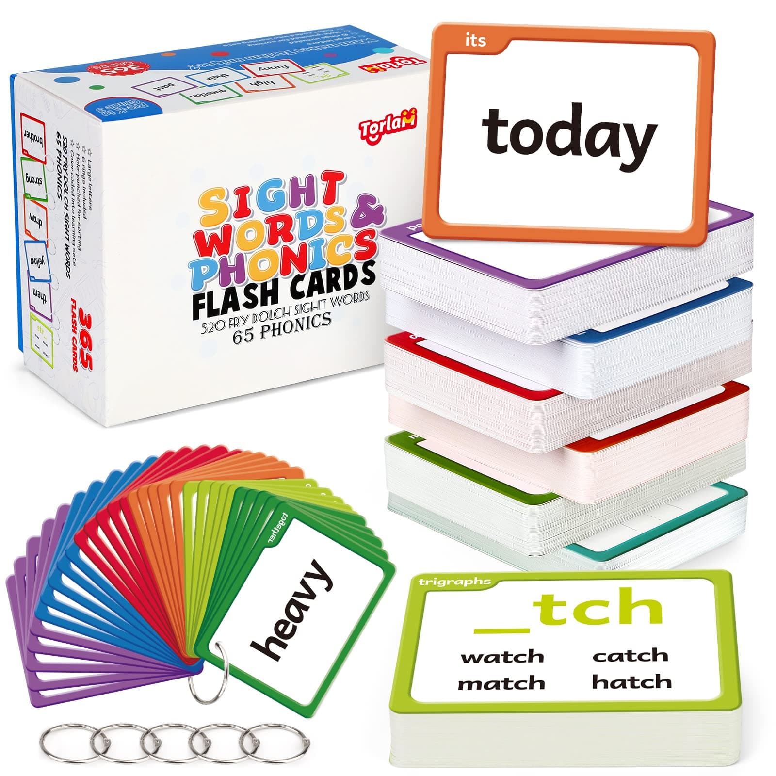 Torlam Sight Words & Phonics Flash Cards for Kids, Learn to Read Digraphs CVC Blends Long Vowel Sounds Spelling Reading Phonics Games, Site Words for Pre-k Kindergarten 1st 2nd 3rd Grade Homeschool