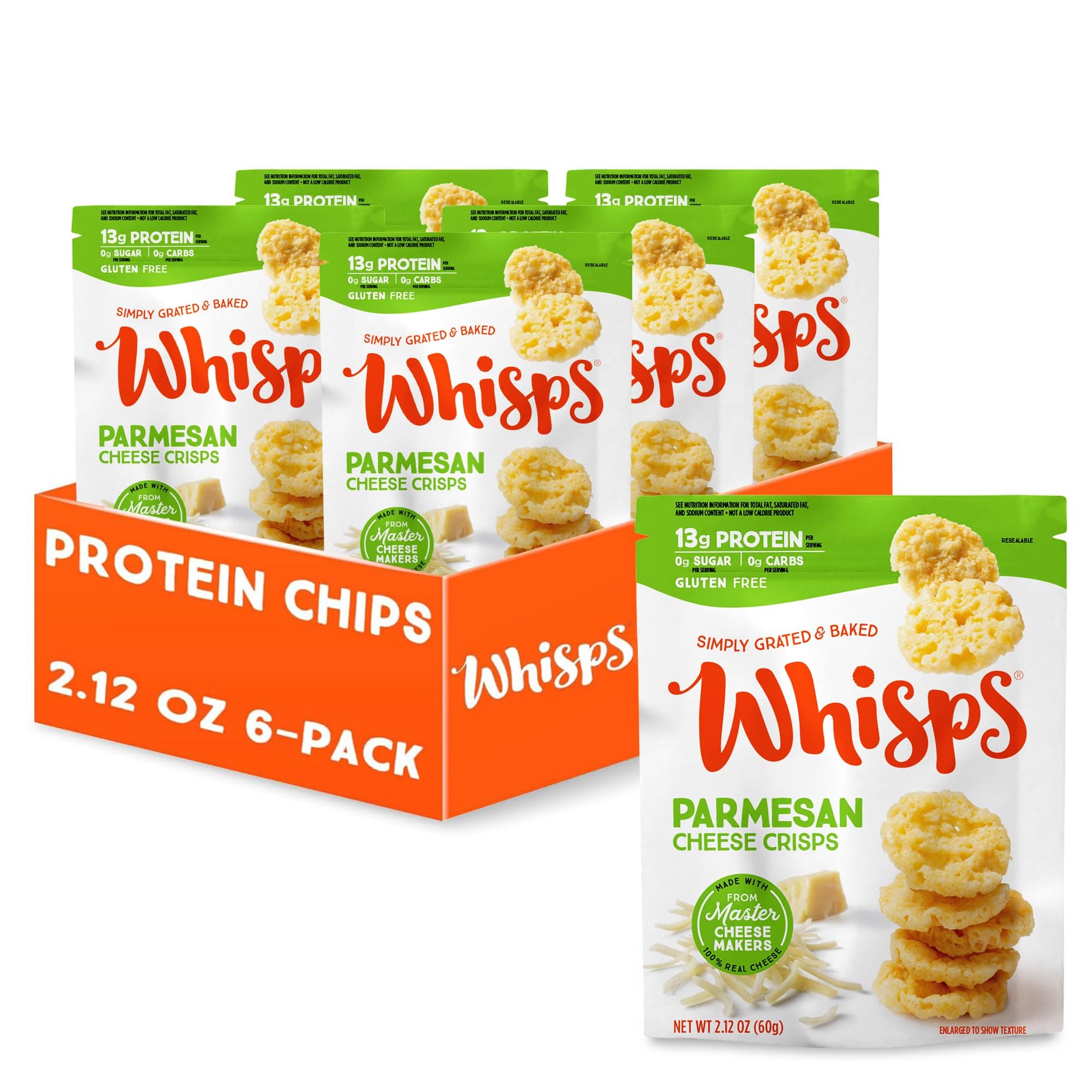 Whisps Cheese Crisps Parmesan Cheese | Protein Chips | Healthy Snacks | Protein Snacks, Gluten Free, High Protein, Low Carb Keto Food (2.12 Oz, 6 Pack)
