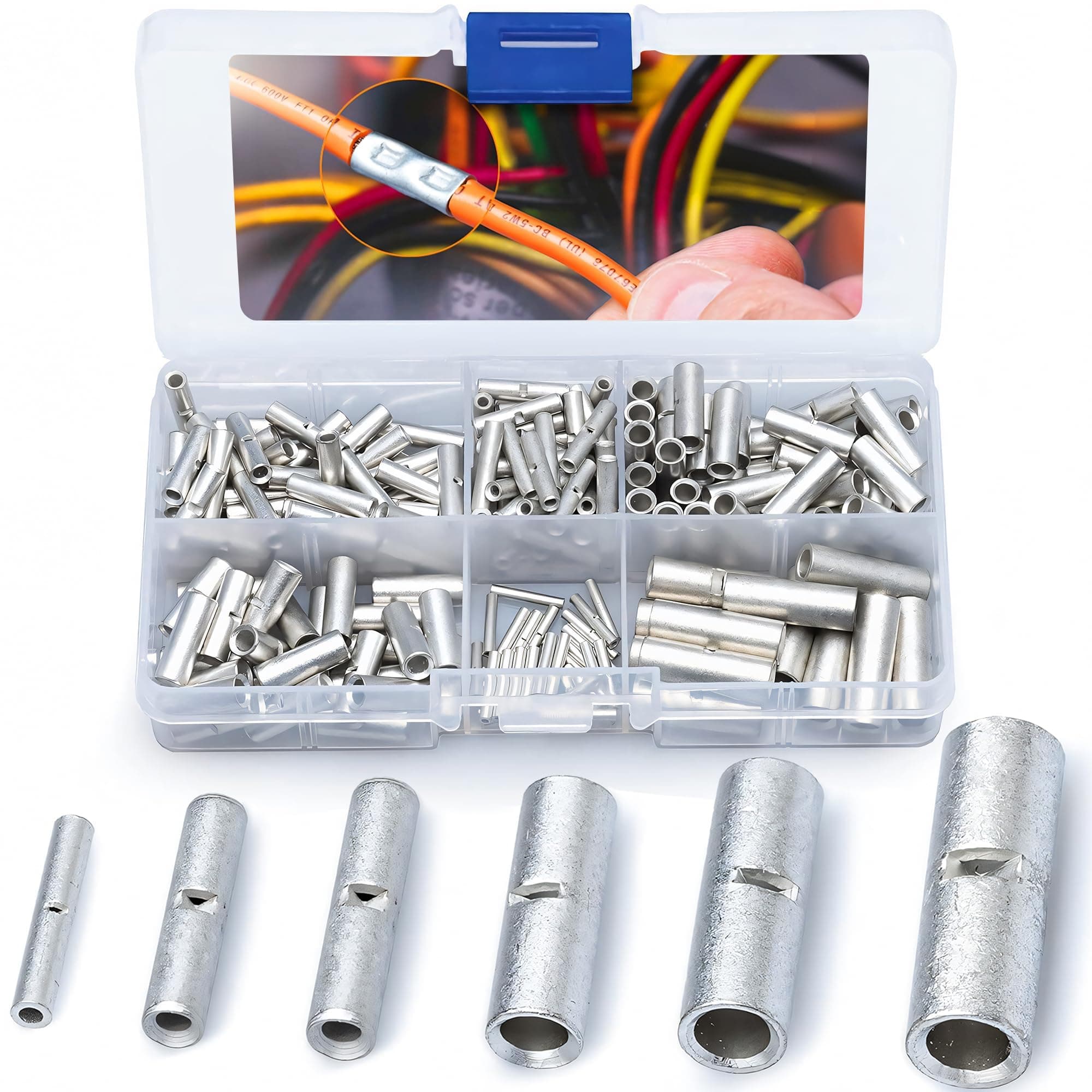 200 PCS Non Insulated Butt Connectors Kit - Butt Splice Connectors - Uninsulated Crimp Wire Connectors - 24-8 AWG