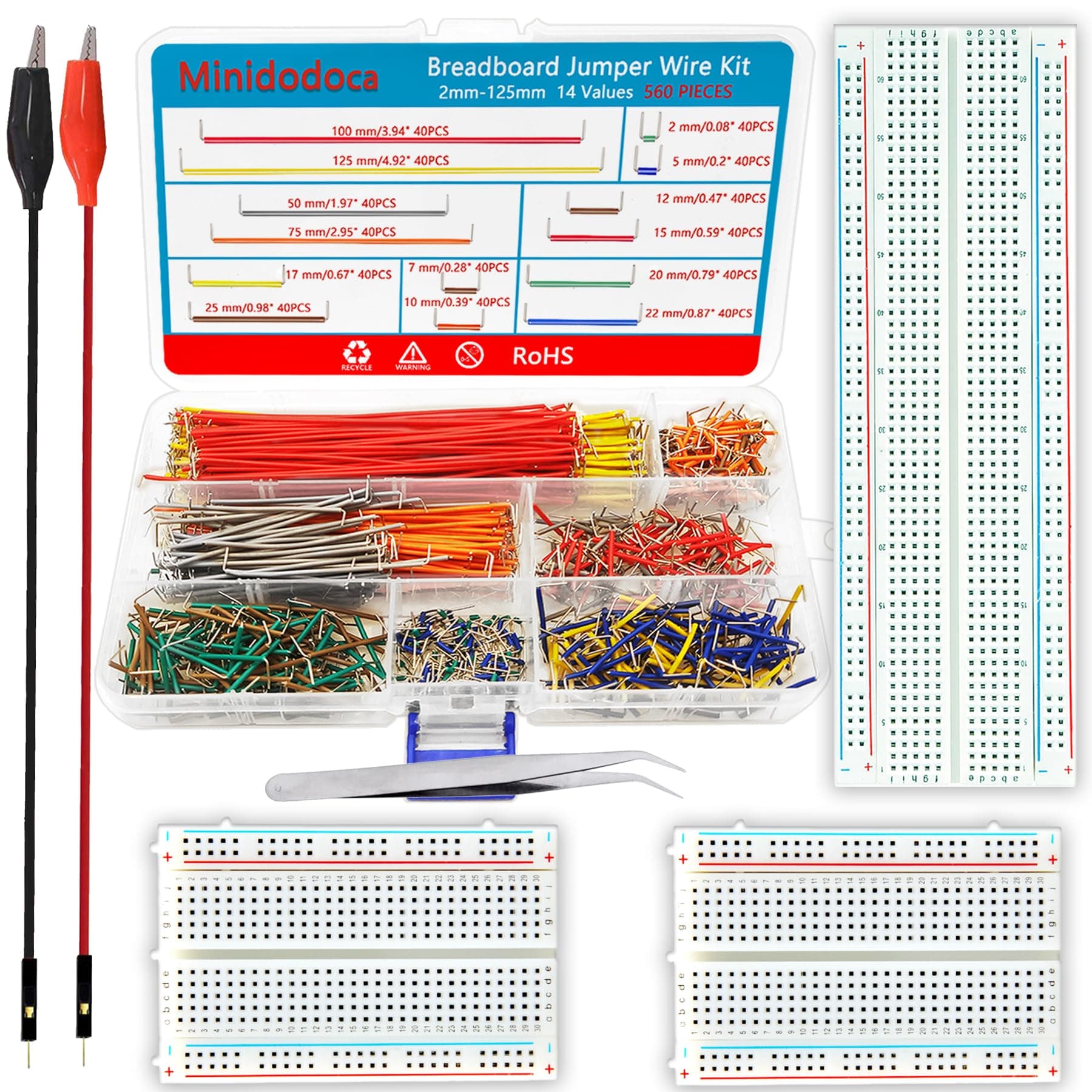 560Pcs Breadboard and Jumper Wire kit PCB Circuit Board Assortment 14 Different Lengths with breadboard,Tweezers,Alligator Clip Test Leads and Plastic Box