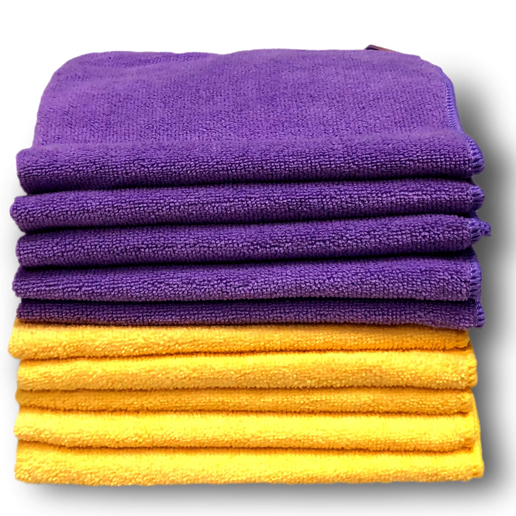 10 Pack Premium Quality Purple & Yellow Microfibre Cloths - Large 40x40cm (16"x16") - Lint Free Cleaning Cloth - House & Car - Plush Ultra Soft - Absorbs 5X its Weight - 100% Refund
