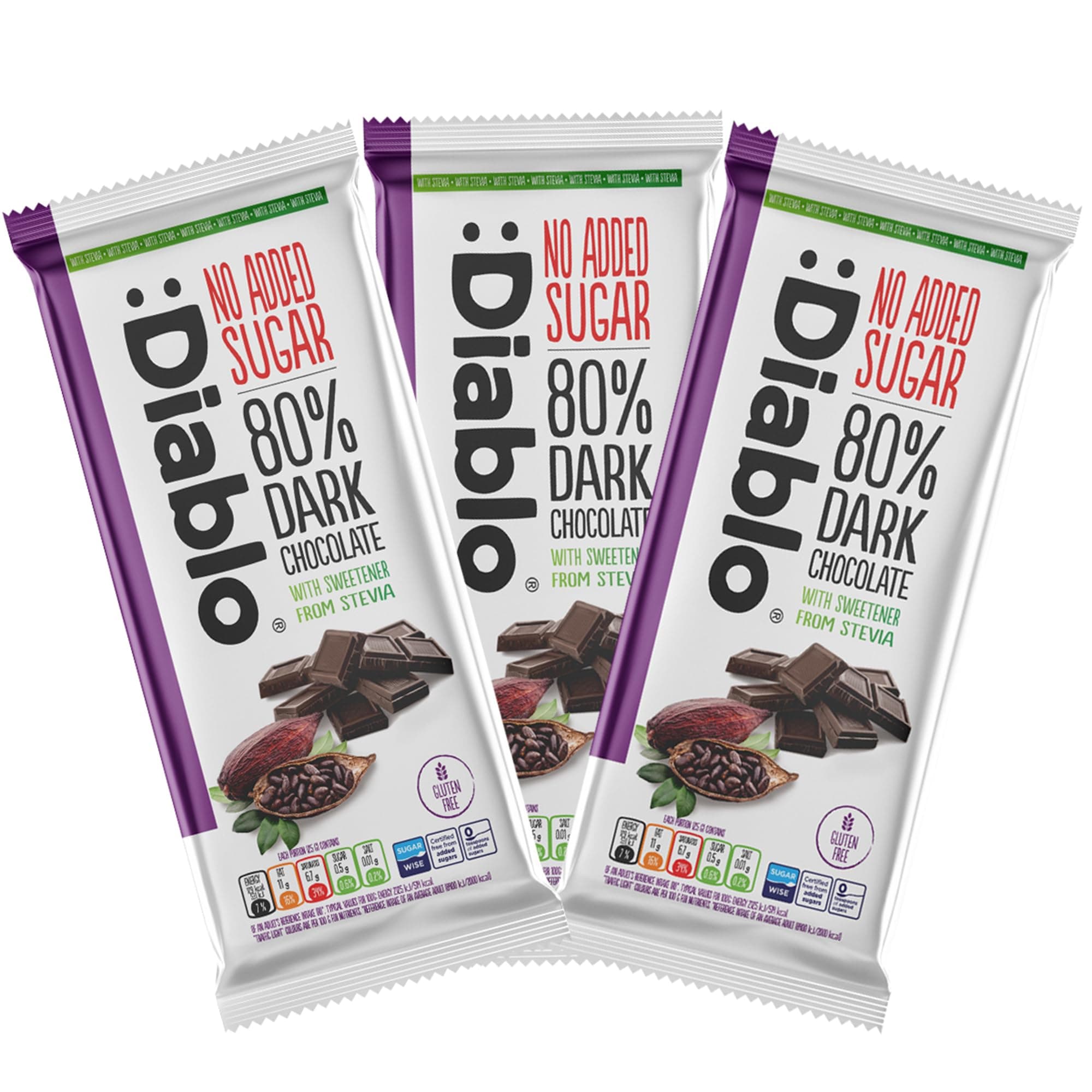 – Diablo No Added Sugar 80% Dark Chocolate – No Added Sugar Chocolate Bar, Sweetened with Stevia, Gluten Free, Ideal for Any Occasion, Birthdays, Valentines, or Gift Hampers, 75g (Pack of 3)