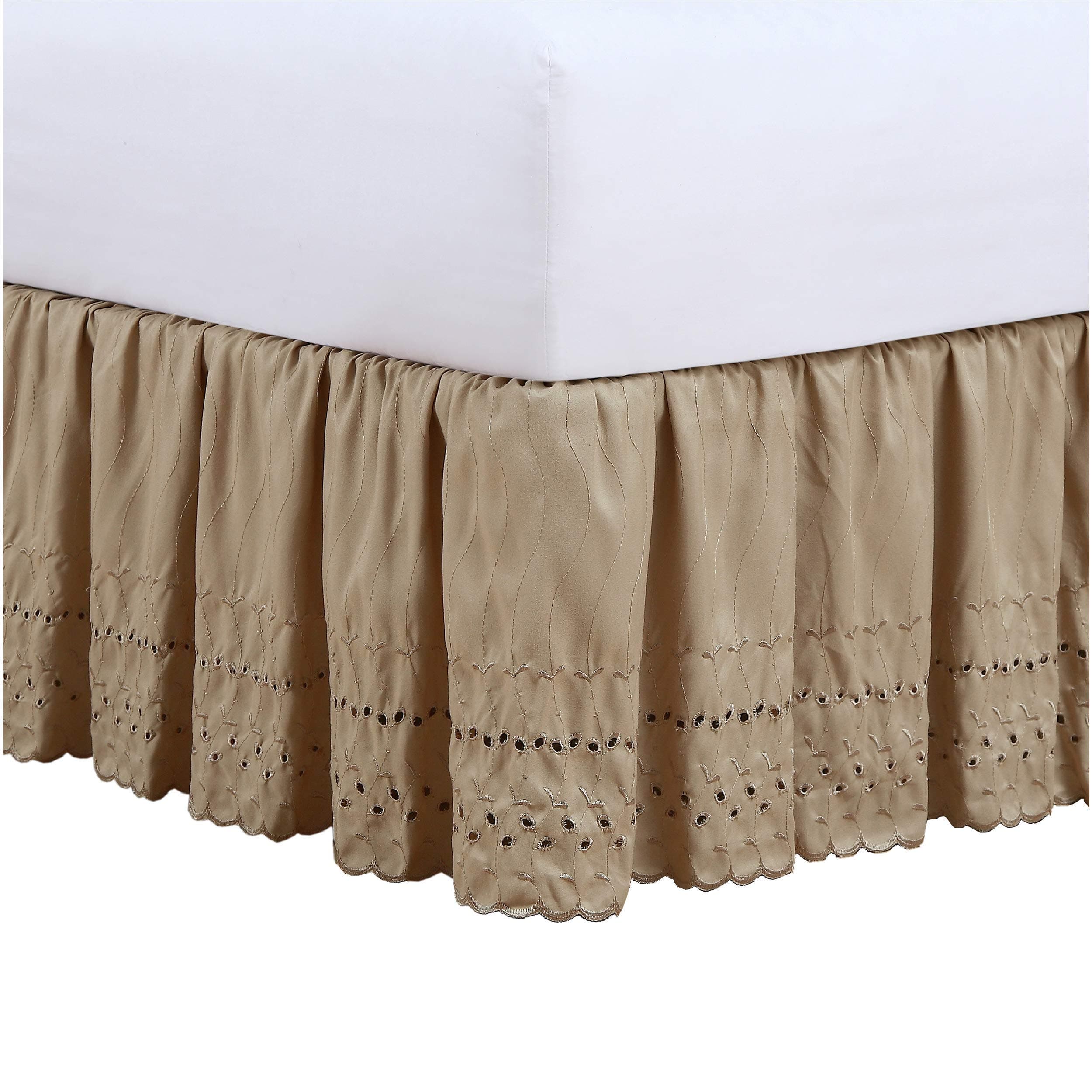 FRESH IDEAS Ideas Ruffled Eyelet Bed Skirt Dust Ruffle with Gathered Styling and Embroidered Details, 14" Drop Length, Full, Mocha