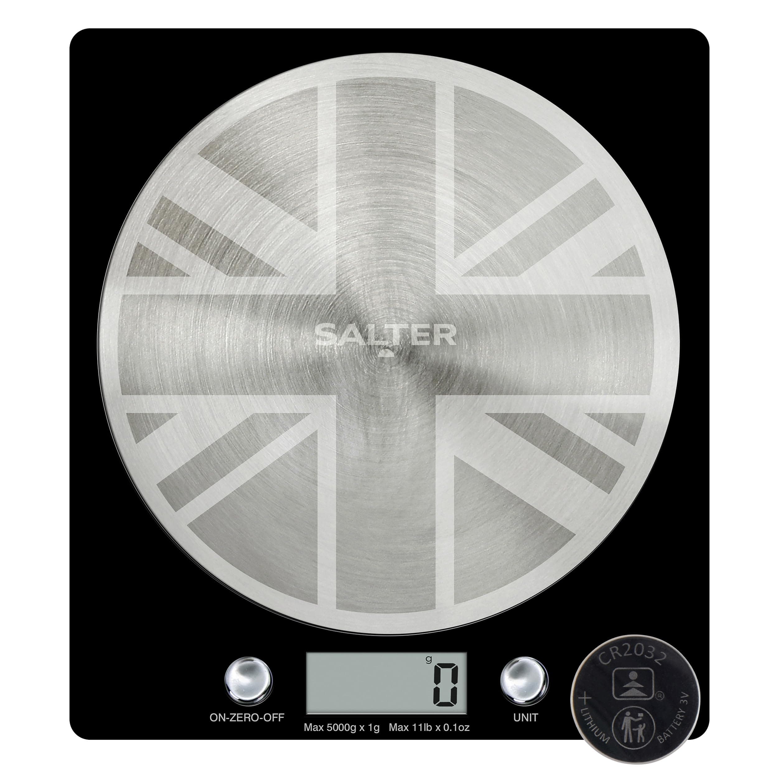 Salter 1036 UJBKDR Electronic Kitchen Scale - Digital Weigh Scale, Union Jack Design Spun Stainless Steel Disc Platform, LCD Display, 5kg Capacity, Battery Included, Add & Weigh/Tare, Measure Liquids