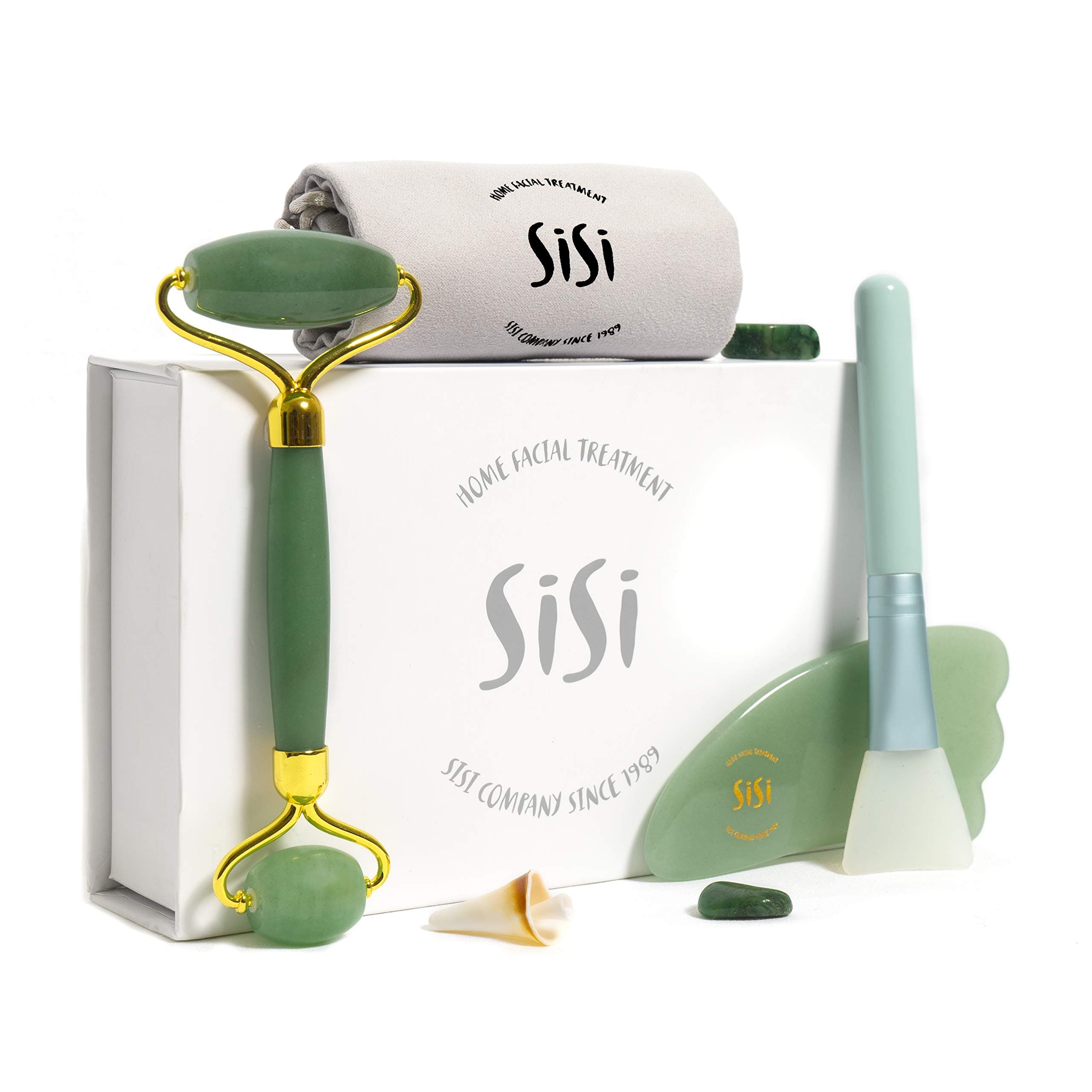 SISI jade roller and gua sha 3in1 massage tools gift set, Noise free Anti-aging Natural aventurine stones Facial lifting Treatment Eye Face Neck Body Beauty Rejuvenate Anti-Wrinkle Mask Brush Scraping