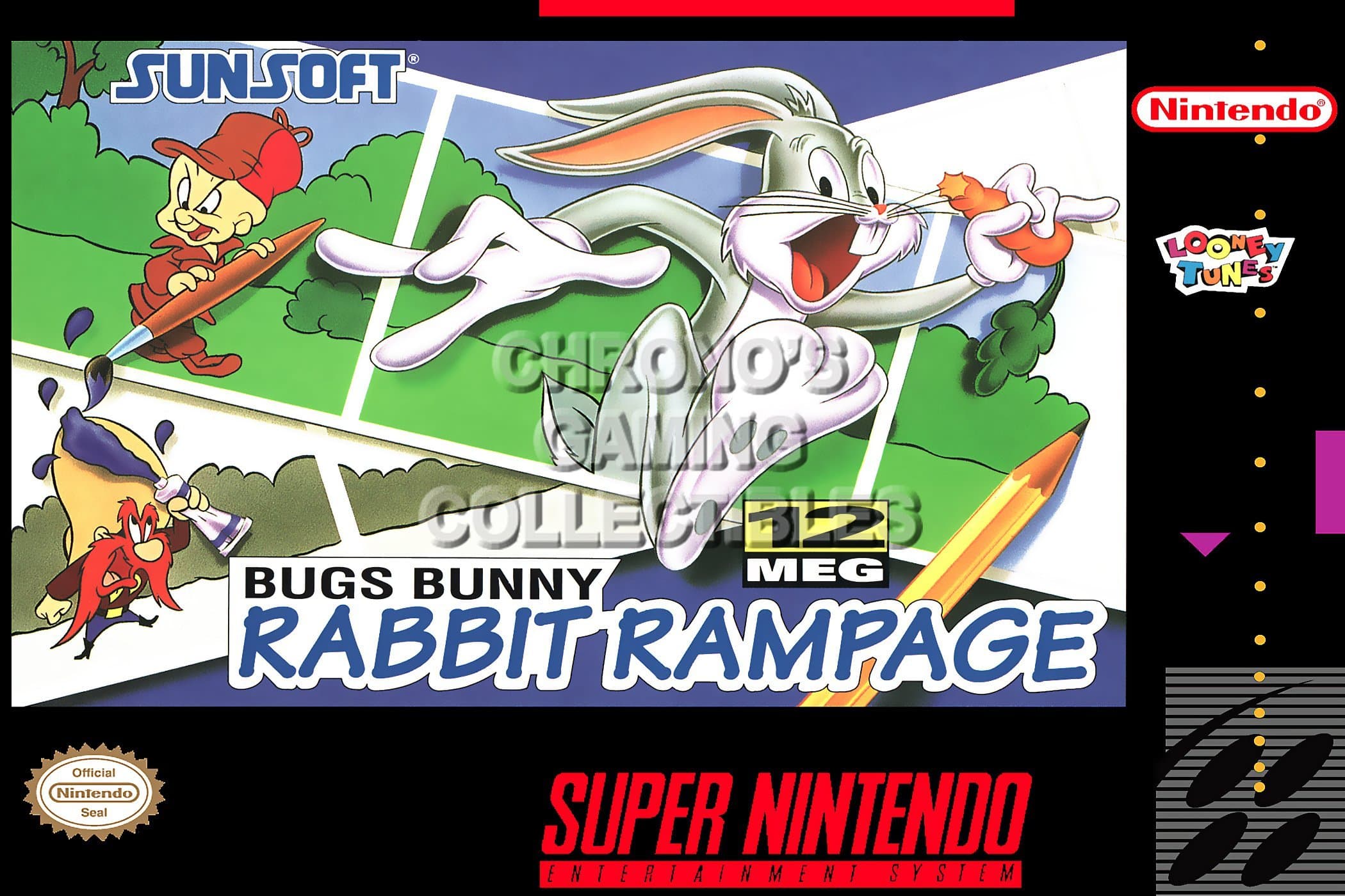 SNES CGC Huge Poster - Bugs Bunny Rabbit Rampage Box Art Nintendo Super NES SNE53 (16" X 24")
