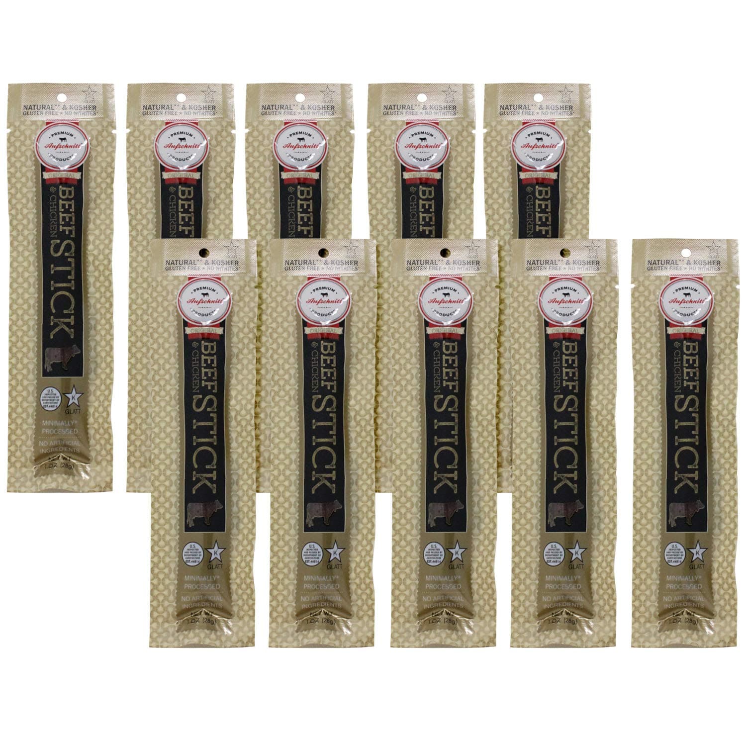 Aufschnitt Grass Fed Beef Jerky Sticks - Low Sodium, Certified Kosher - Made in USA - Keto & Halal Friendly - 10 Pack, Original