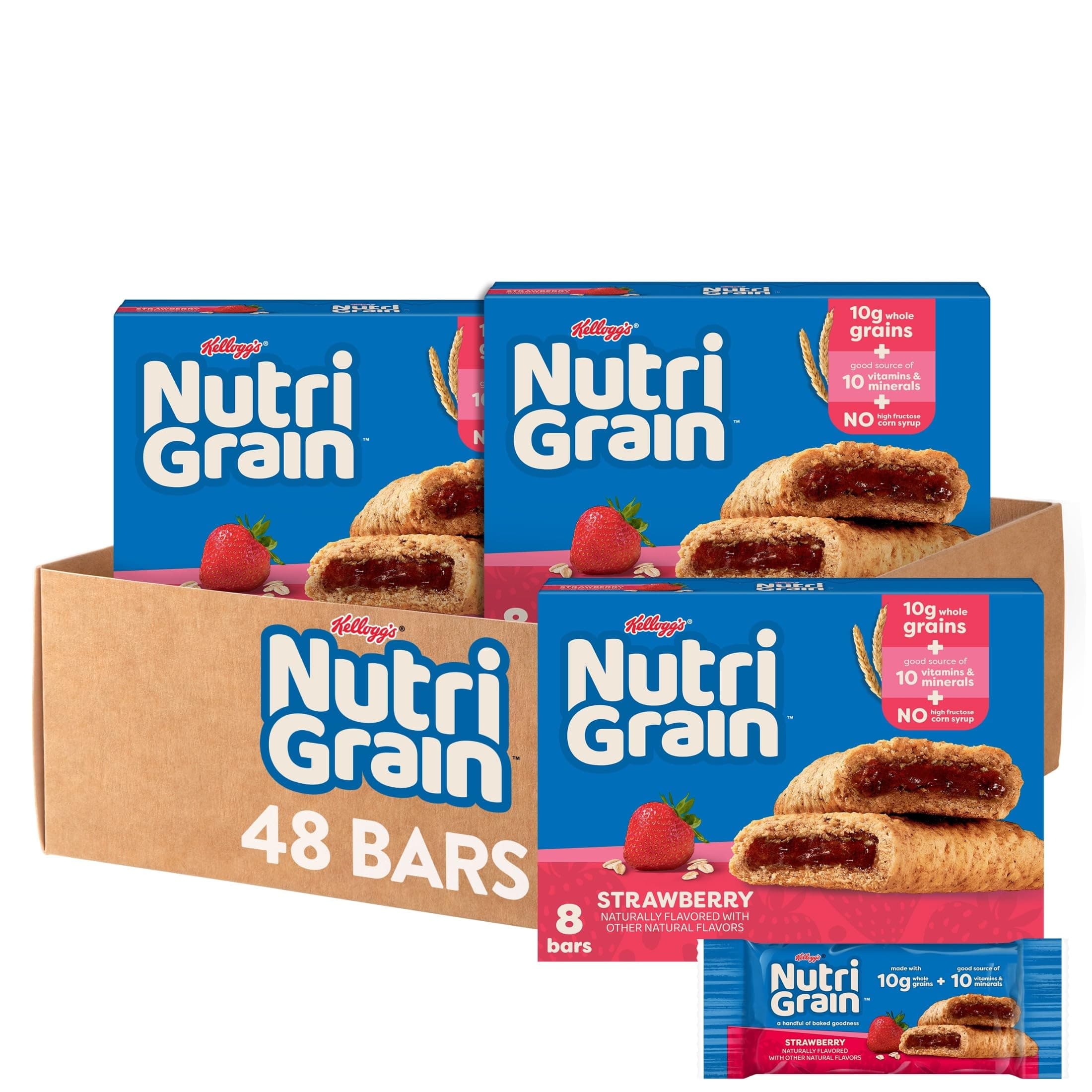 Nutri-Grain Soft Baked Breakfast Bars, Made with Whole Grains, Kids Snacks, Strawberry (6 Boxes, 48 Count)