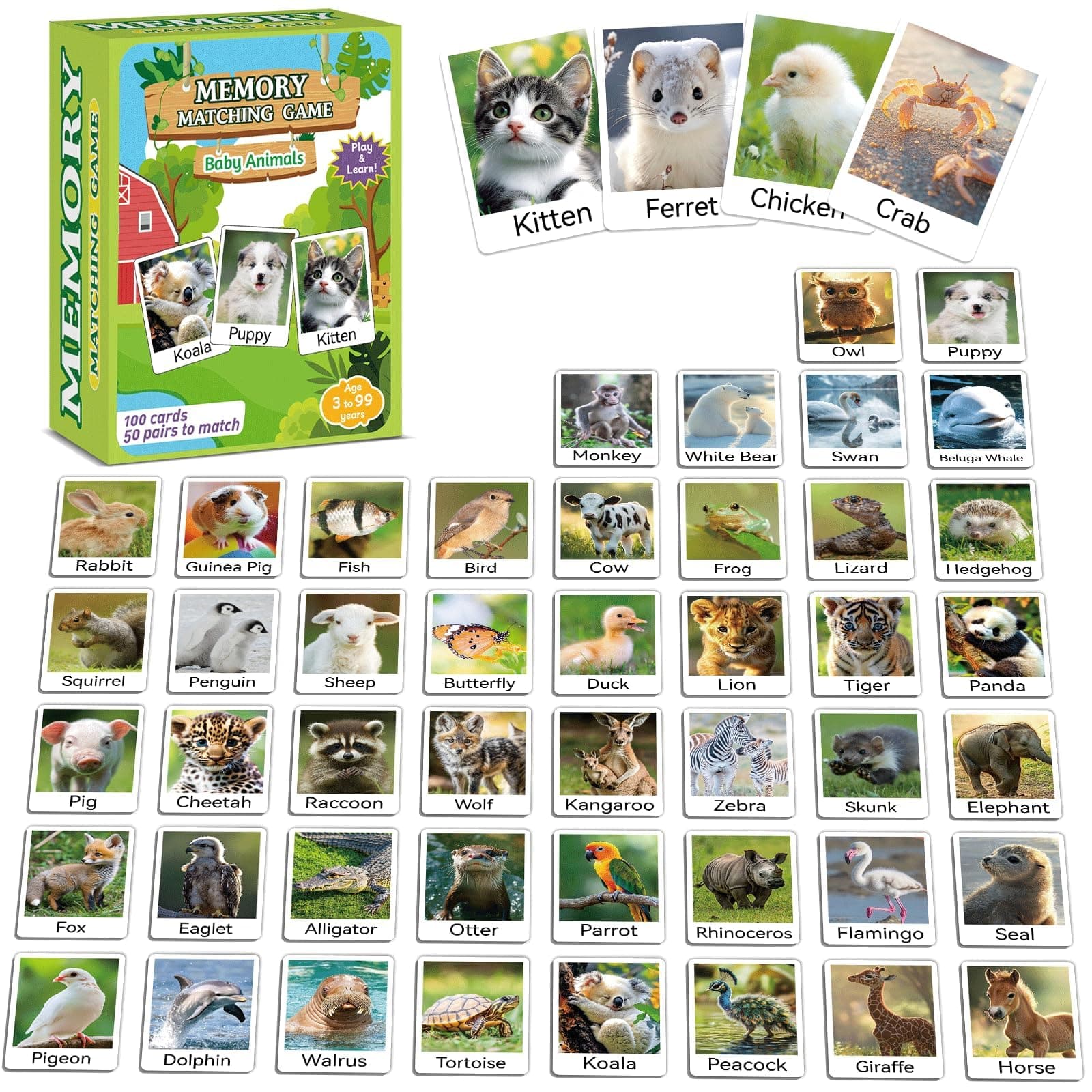 gisgfim 100 PCS Memory Matching Game Animal Babies Concentration Memory Card Educational Game for Kids Adults A Fun & Fast Baby Animals Game Toddlers Preschool Family Board Gift Matching Games