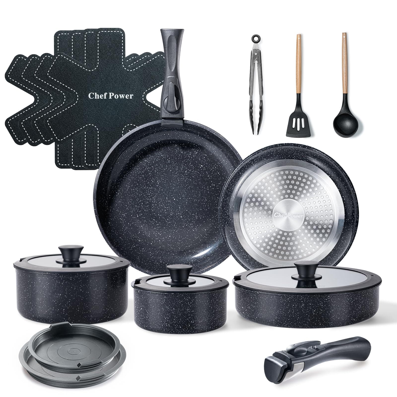 Chef Power Ceramic Nonstick Cookware Set 19 Piece with Detachable Handle, Induction Dishwasher Oven Safe Pans and Pots Set, RV Kitchen Set Removable Handle, Rock Stone Black