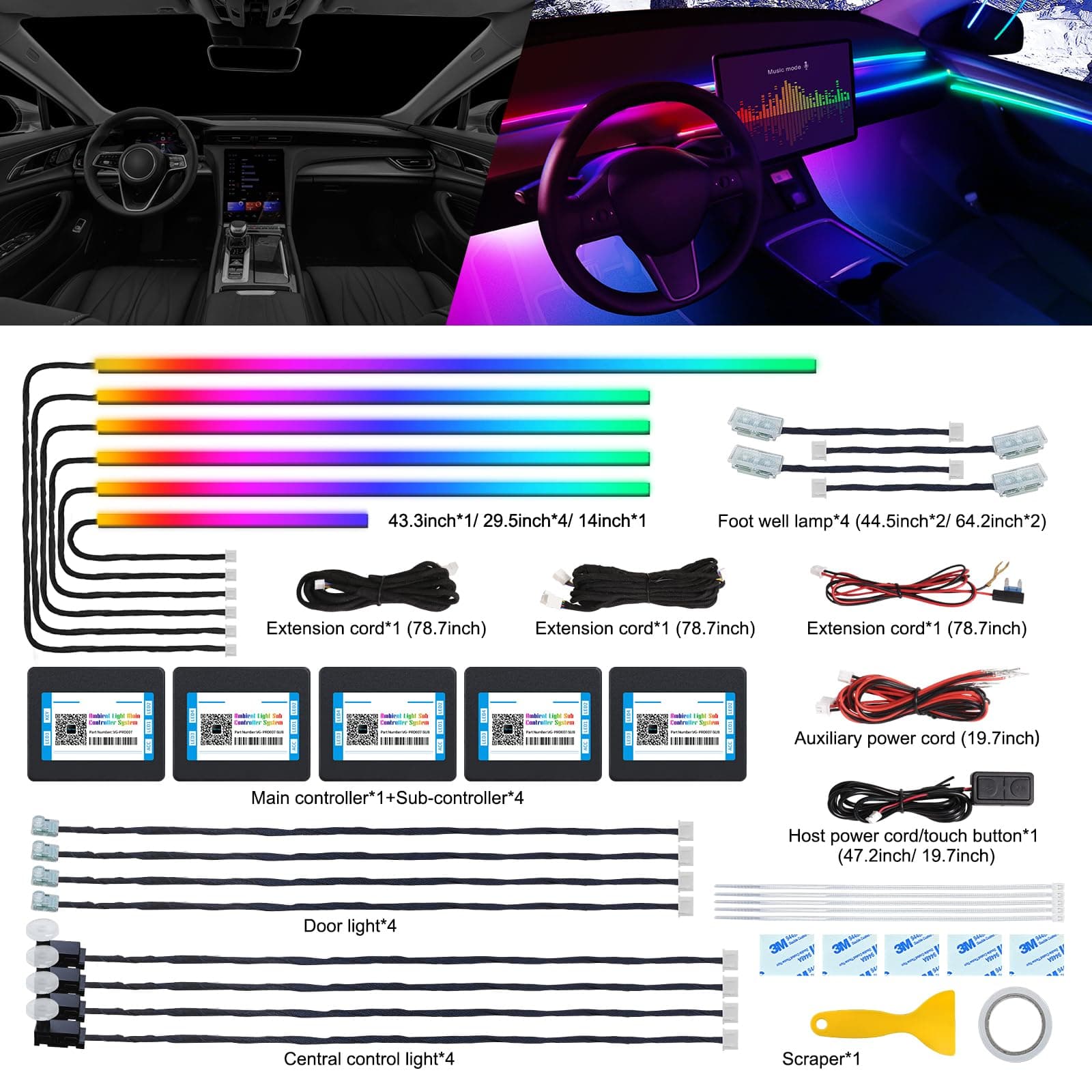 Dreamcolor Acrylic Interior Car LED Strip Light with Wireless APP, RGB 18 in 1 with 175 inches 600 LEDs Fiber Optic Car Ambient Lighting Kits, Dual zone Sound Active Function LED Strip for Car