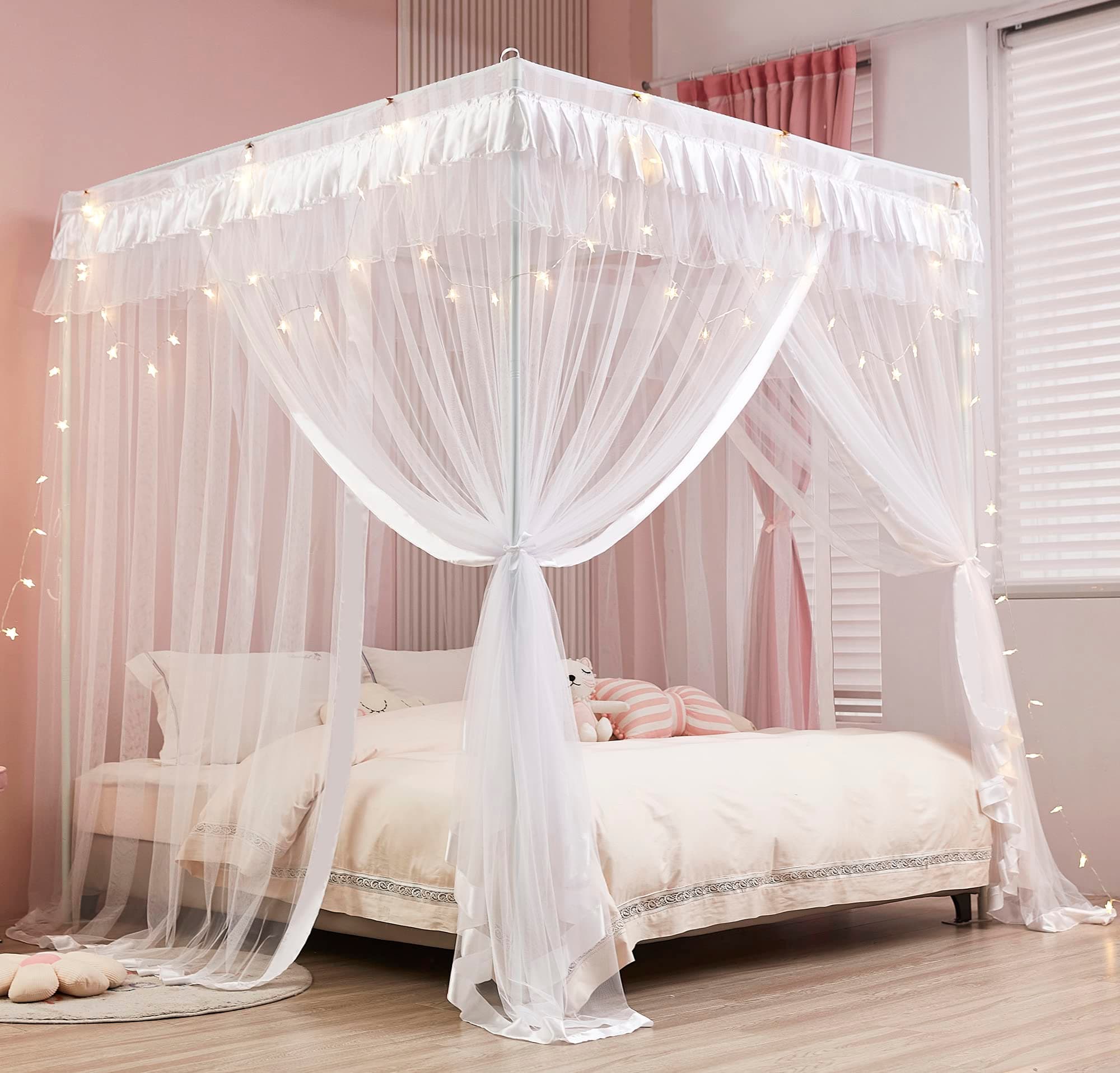 Mengersi Princess 4 Corners Post Bed Curtain Canopy Mosquito Net Princess Canopies (White, Full)
