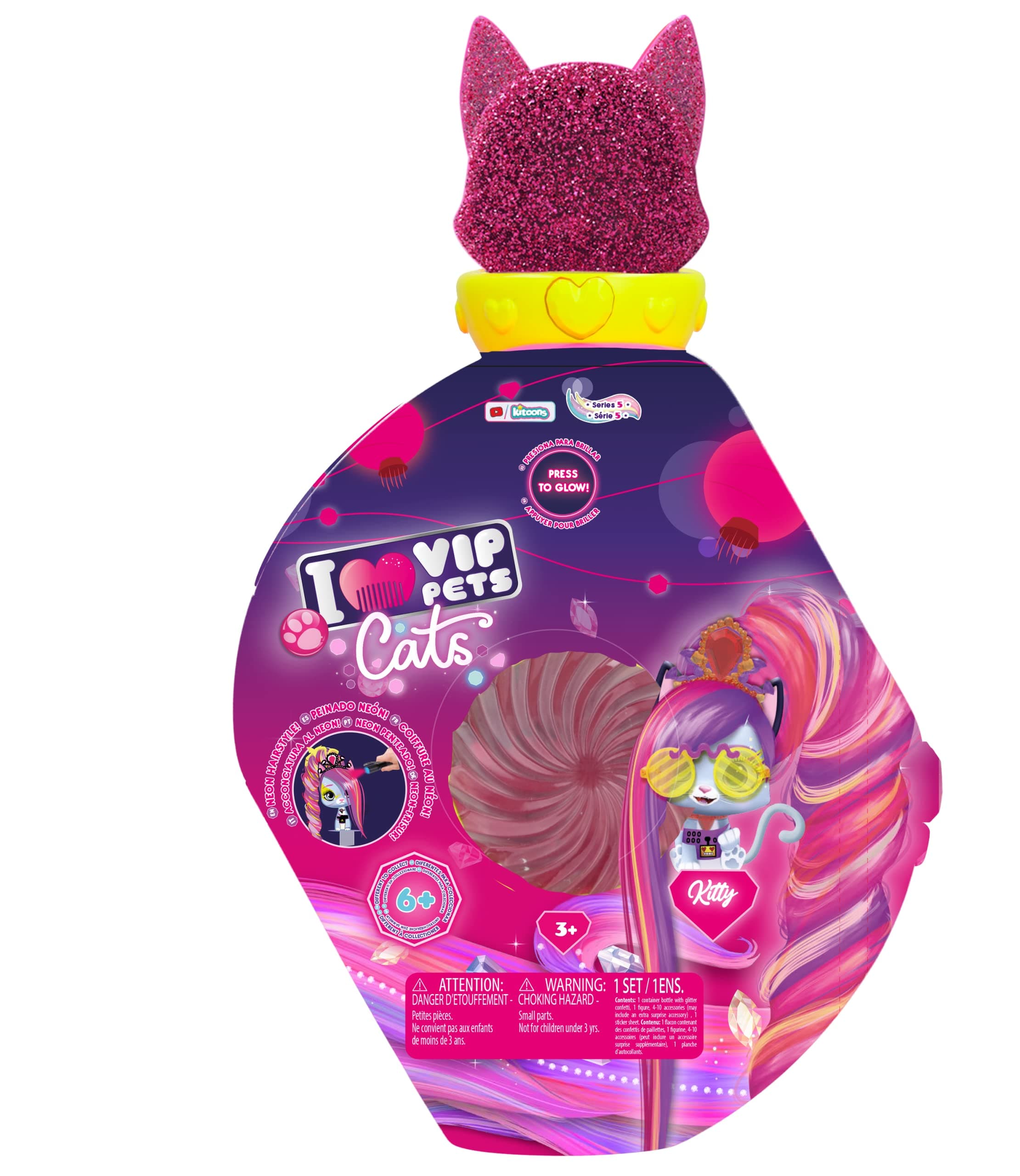 IMC Toys VIP Pets Cats - Includes 1 VIP Pets Neon Cat Doll, 10 Surprises, 8 Accessories for Hair Styling | Girls & Kids Age 3+