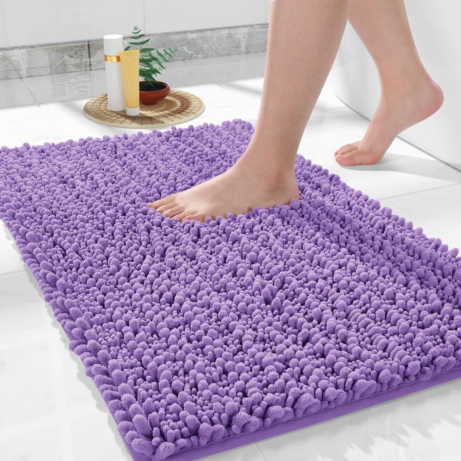 Yimobra Bathroom Rug Mat 24 x 17, Extra Soft Non Slip Absorbent Water Bath Rug, Quick Dry Machine Washable Chenille Shaggy Shower Mat, Bath Mat for Bathroom Floor, Home Decor Accessories, Lavender