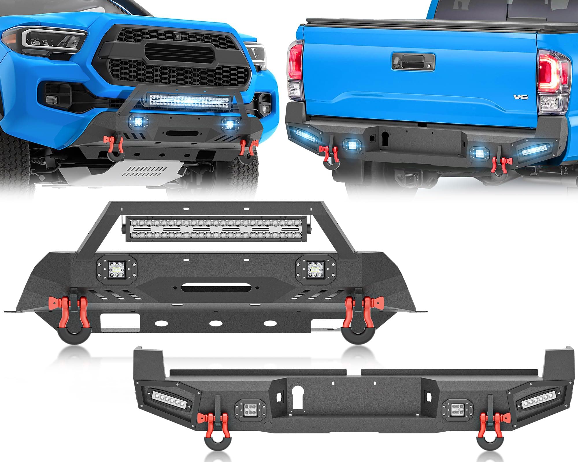 YZONA Stubby Front Bumper and Rear Bumper Compatible with 2016-2023 Toyota Tacoma 3rd Gen Pickup Truck Bumper with Skid Plate, Winch Plate, LED Lights, Sensor Holes, Paintable Armor & D-rings, Black