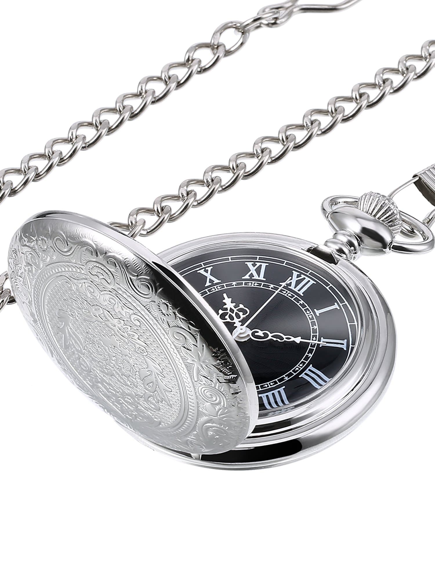 Quartz Pocket Watch for Men with Black Dial and Chain Vintage Roman Numerals Christmas Gifts Birthday