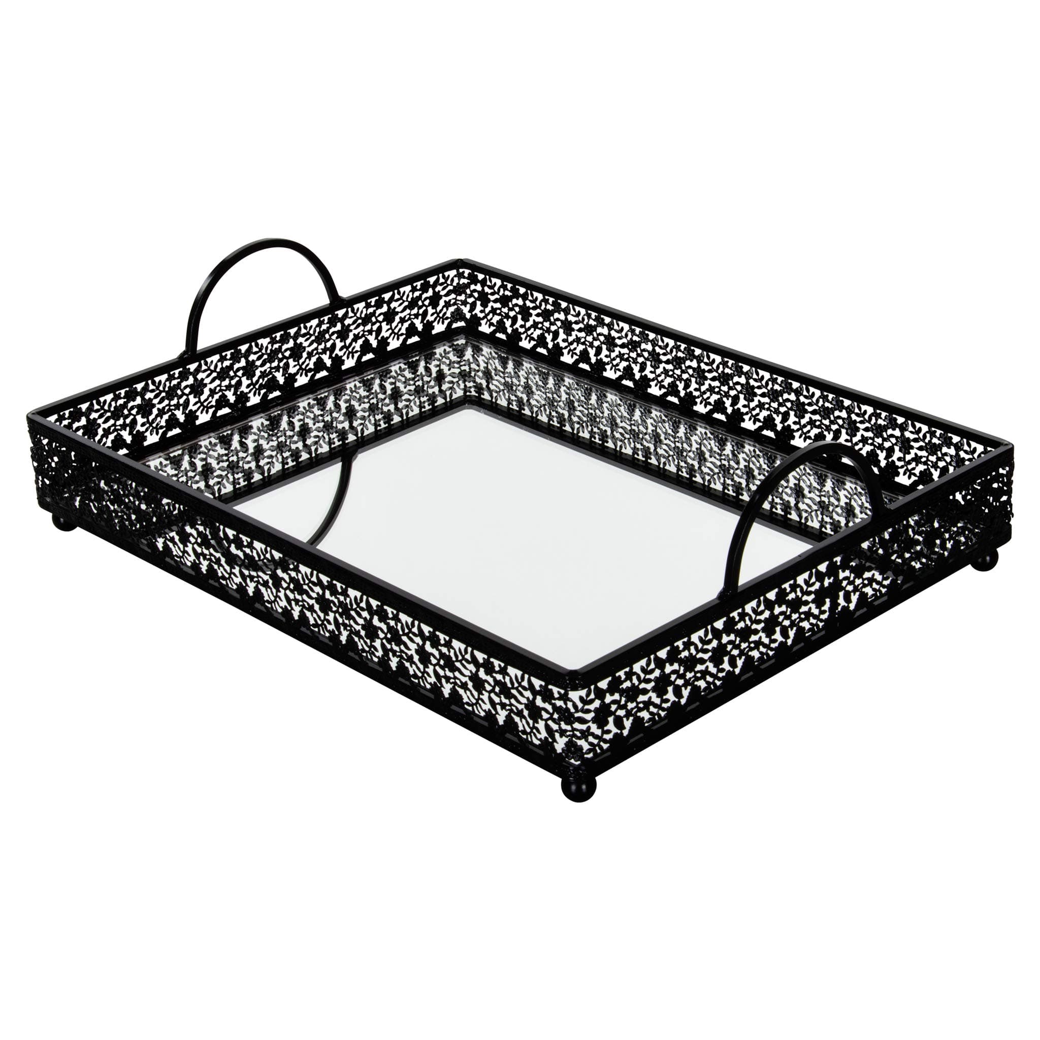 Giovanni Black Mirror Top Serving Tray, Rectangular Metal Ornate Modern Accent Vanity Food Decorative Display Platter Dessert Cupcake Holder Food Snacks Wine Butler
