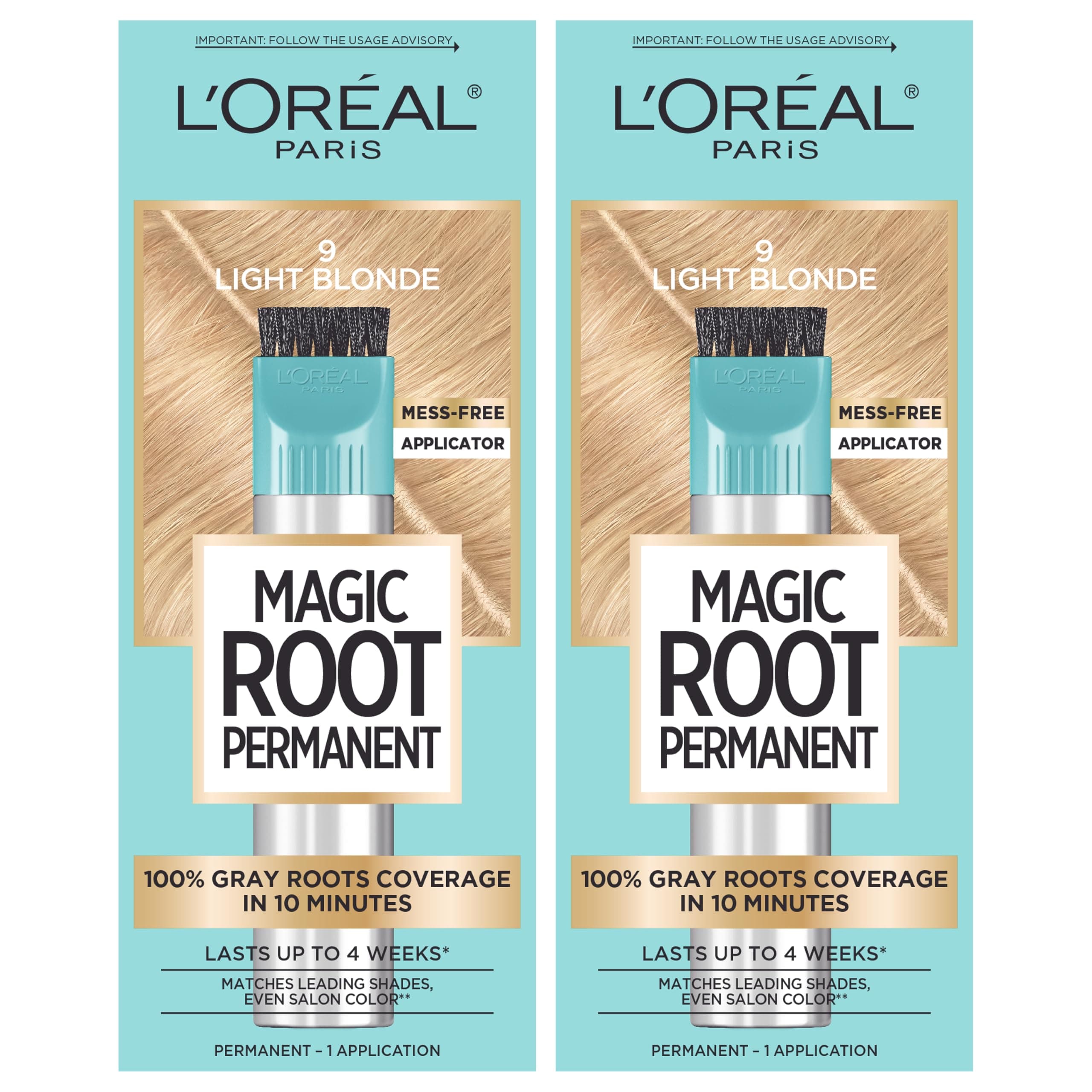L’Oréal Paris L'Oreal Magic Root Permanent Hair Color, 10 Minute Hair Dye Kit to Rescue Roots with 100% Gray Hair Coverage, 9 Light Blonde, 2 Pack (Packaging May Vary)