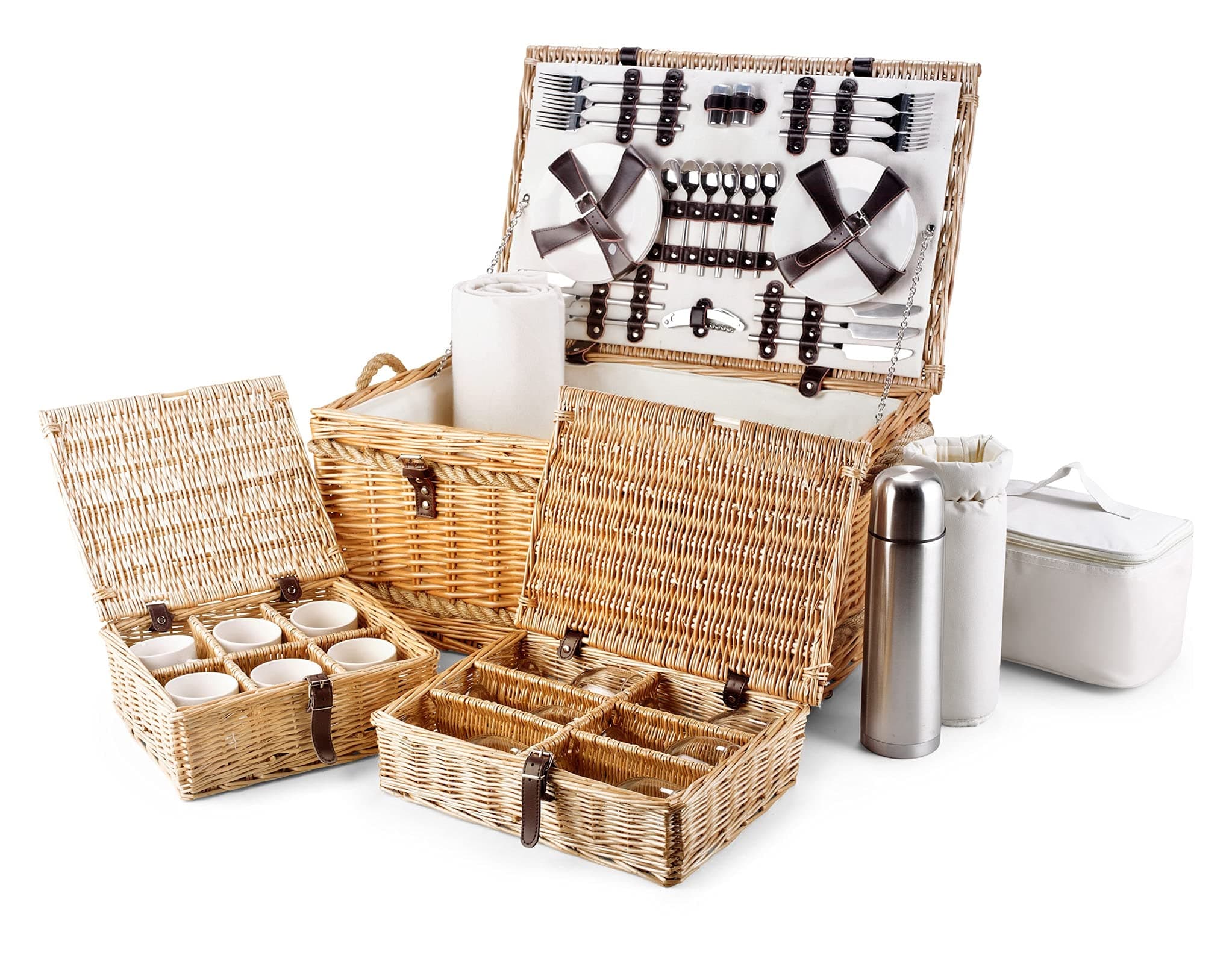 Wicker Picnic Basket Set for 6 - Luxury Fitted Picnic Hamper with Insulated Cooler, Porcelain Plates, Thermal Flask - Picnic Gifts for Birthdays and Celebrations, from Regency Hampers
