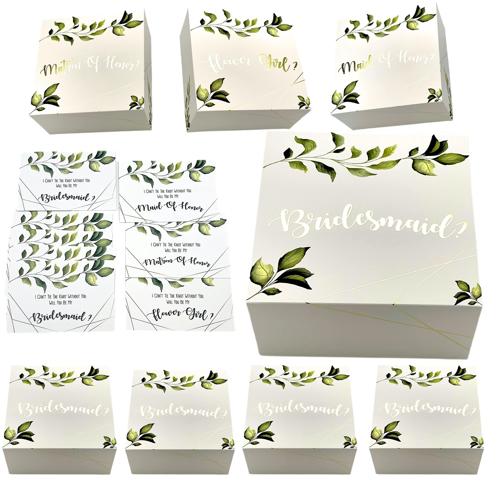Bridesmaids Proposal Gift Boxes with Greenery with Gold Foil Letters & Proposal Cards (5 Bridesmaids, 1 MatronH, 1 MaidH, 1 FlowrGrl, 8)