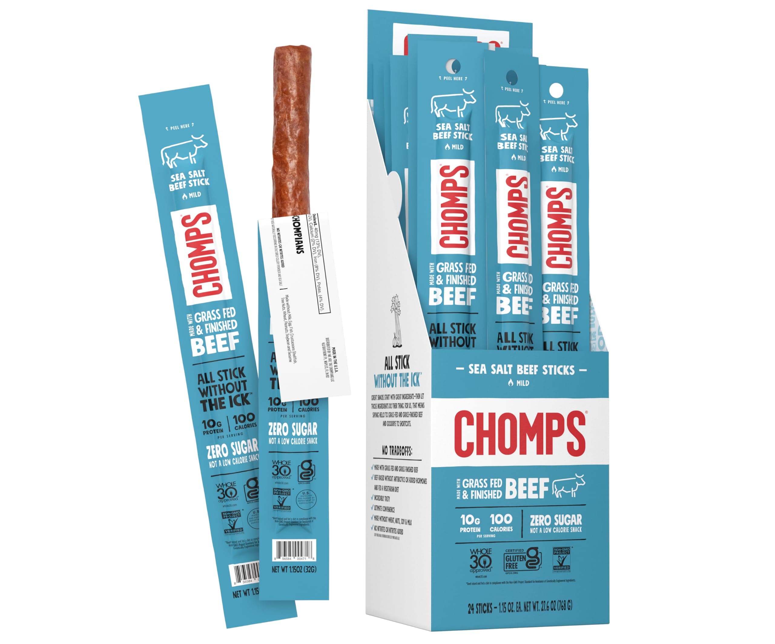 CHOMPS Grass Fed Sea Salt Beef Jerky Snack Sticks, Keto, Whole30, Paleo, Gluten Free, Sugar Free, Low Carb, AIP Diet Compliant, 1.2 Oz, Pack of 24